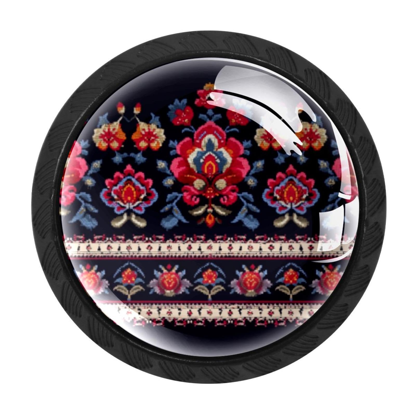 CHENZZZZ 4 Pieces Black Cabinet Pull Handle with Screws,Patchwork Boho Paisley Floral (2) Kitchen Knobs, Hardware for Cupboard Drawer Dresser