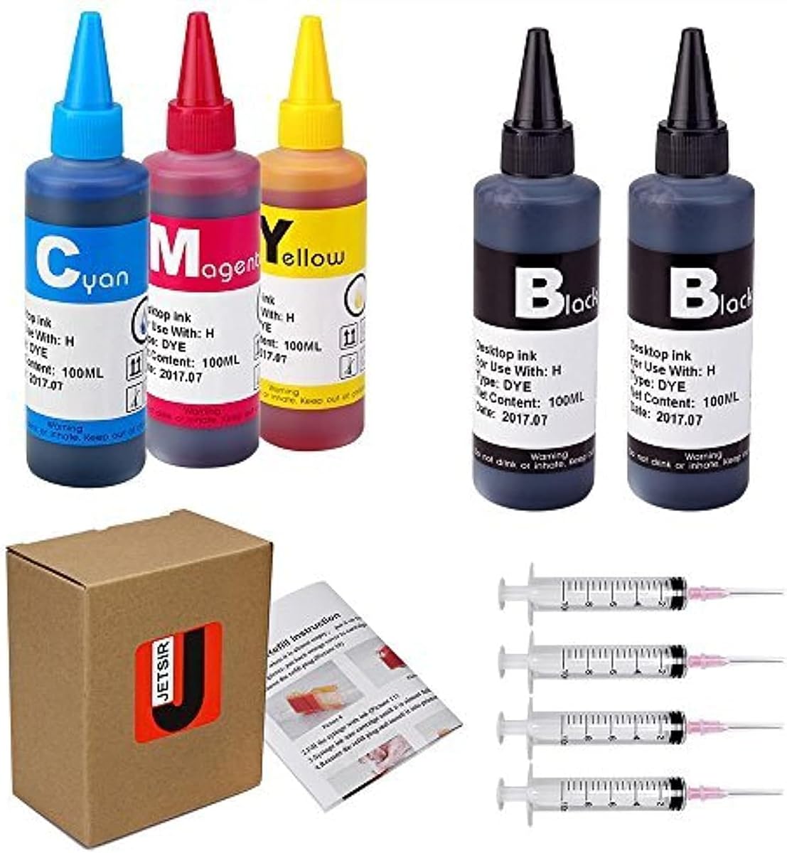 Dye Ink Refill Kit 100ML x5 Bottles for 950 951 952 902 901 60 61 62 63 21 22 564 920 940 932 933 711 970 971 Ink Cartridges, with Syringes, for Home Office Printing
