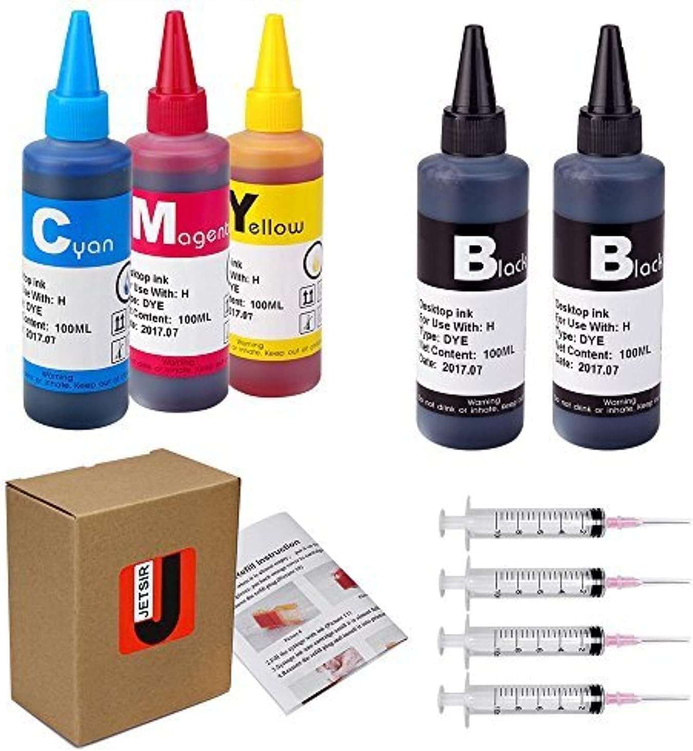 Ink Refill Kit 100ML x5 Bottles for 950 951 952 902 901 60 61 62 63 21 22 564 920 940 932 933 711 970 971 Ink Cartridges, Dye Ink Refill Kit with Syringes, for Home Office Printing