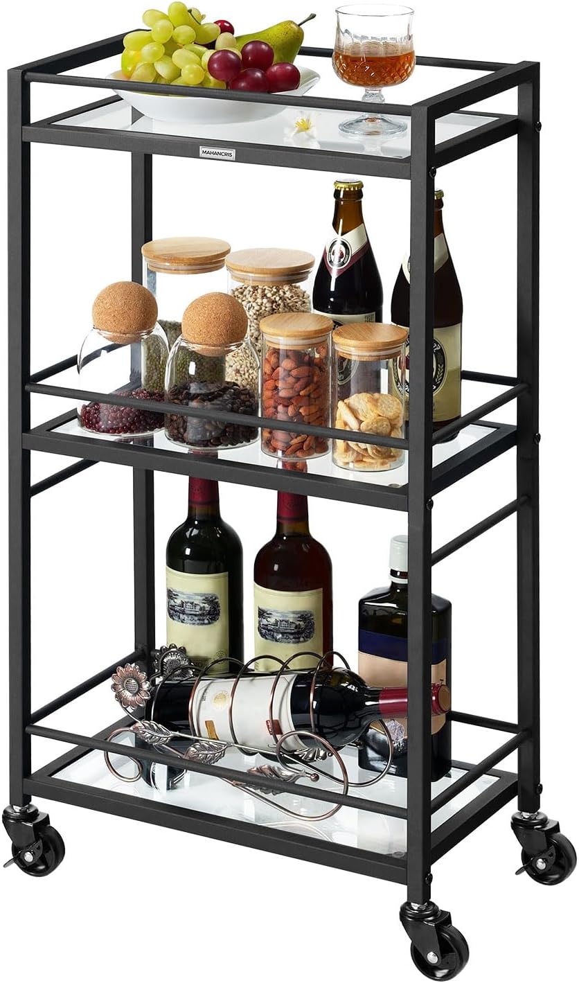 Bar Cart, Home Bar Serving Cart, Kitchen Cart, 3-Tier Glass Bar Cart on Wheels, Rolling Cart for Bar, Kitchen, Dining Room, Black RCH40B01