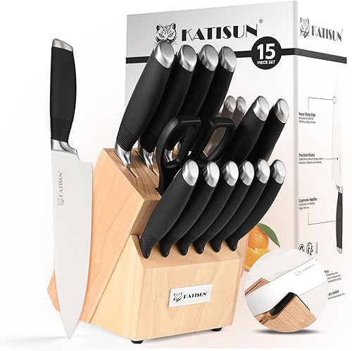 Miniatura 1 de KATISUN Juego de cuchillos de 15 piezas, acero alemán, duradero y apto para lavavajillas, juego de bloques de cuchillos con mango ergonómico con