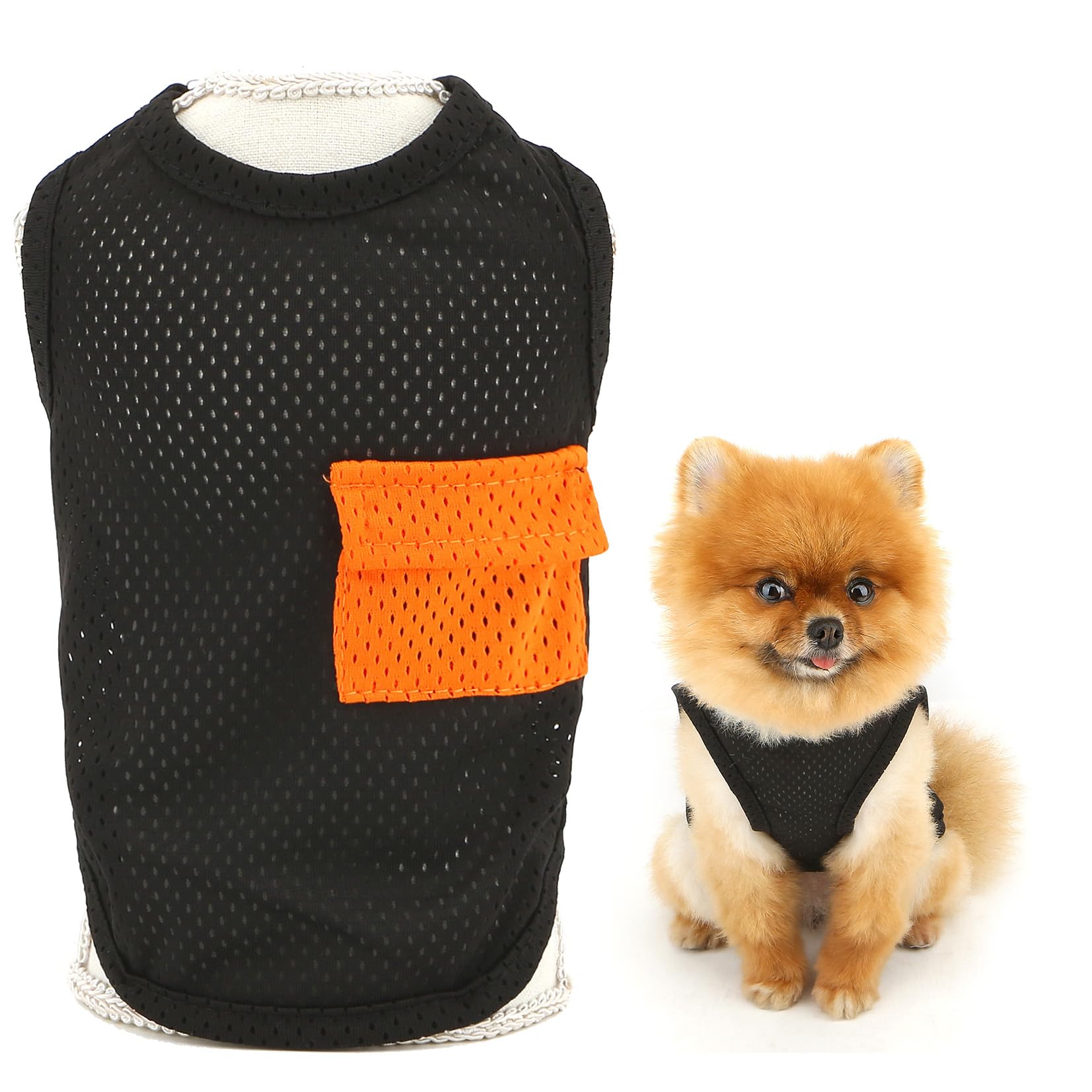 SMALLLEE_LUCKY_STORE Cool Mesh Dog T-Shirts for Extra Small and Small Dogs Solid Pet Tank Top with Cute Pocket Puppy Shirt Breathable Summer Vest Chihuahua Yorkie Cat Clothes, Black, XS