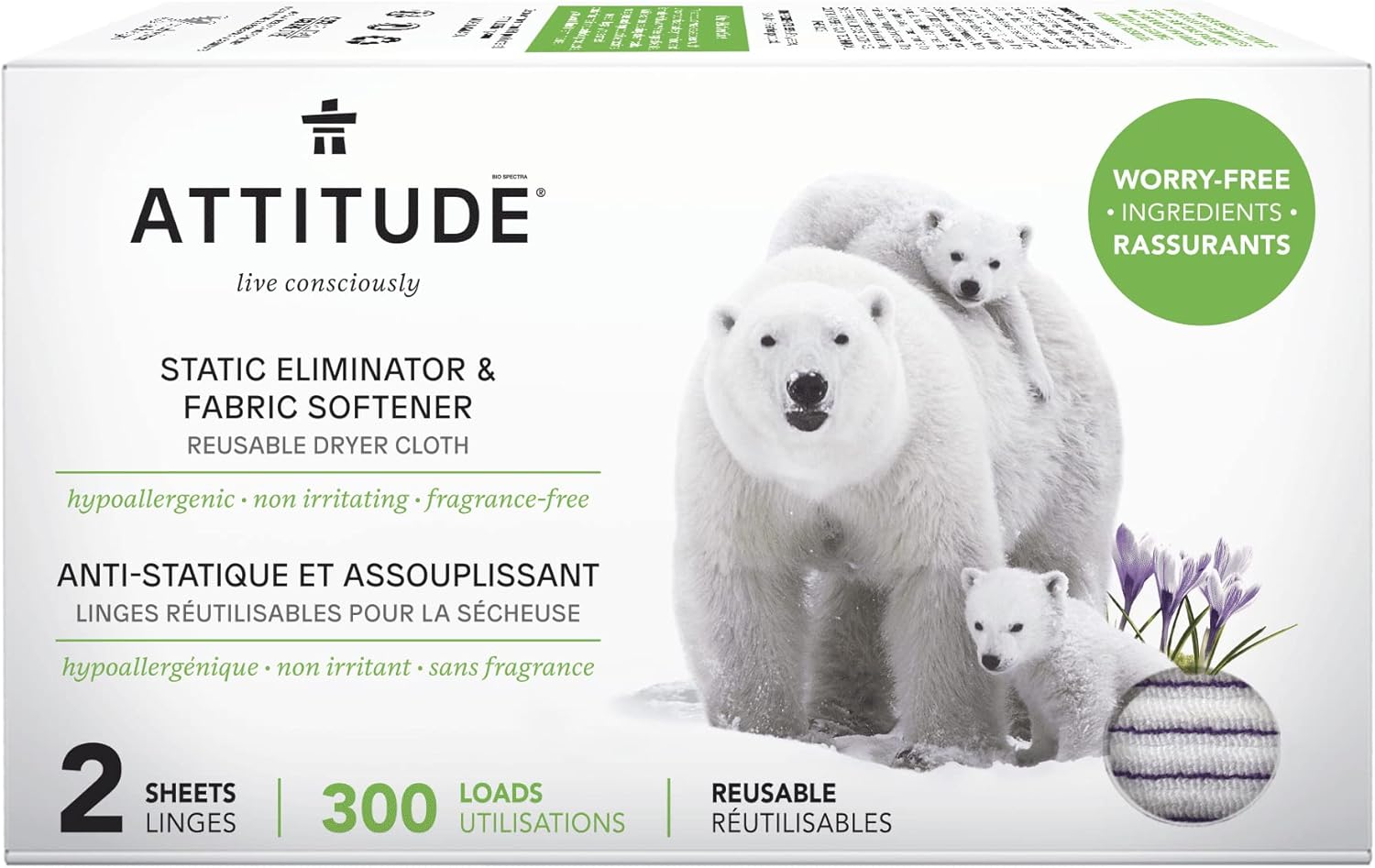 ATTITUDE Reusable Dryer Sheets, Static Eliminator & Fabric Softener, Fragrance-Free Laundry, Made in Canada, 300 Loads, 2 Sheets (1 Pack)