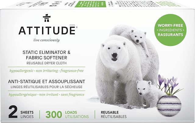 ATTITUDE Feuilles de séchoir réutilisables, éliminateur statique & Adoucisseur de tissu, Blanchisserie sans parfum, Fabriqué au Canada, 300 Charges, 2 Feuilles (1 Boîte)