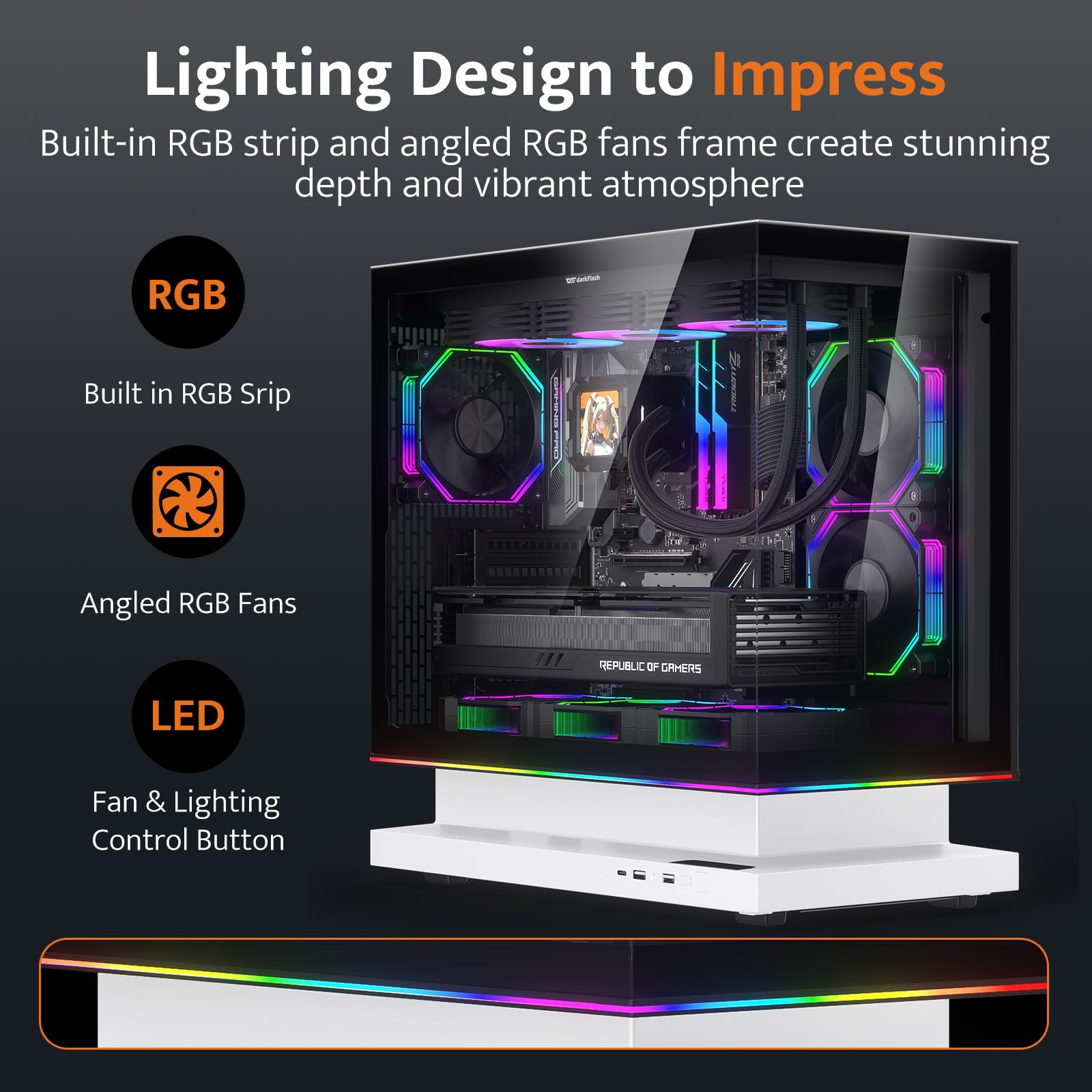 darkFlash FLOATRON F1 ATX PC Case, 360 mm AIO Ready, szkło hartowane, dolny wlot o wysokim przepływie powietrza, pływająca konstrukcja, wentylator chłodzący VRM, typ C, listwa świetlna RGB (3