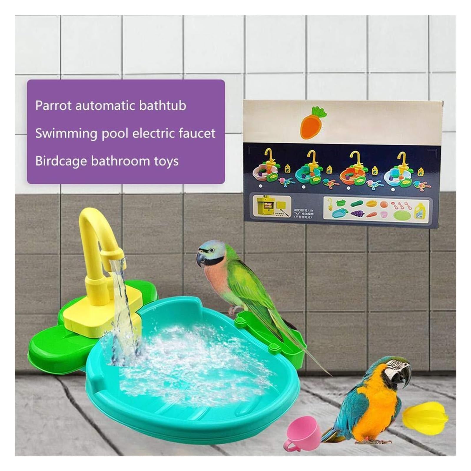 Baignoire automatique pour oiseaux avec robinet – Douche perroquet pour petits oiseaux et oiseaux de compagnie (bleu)