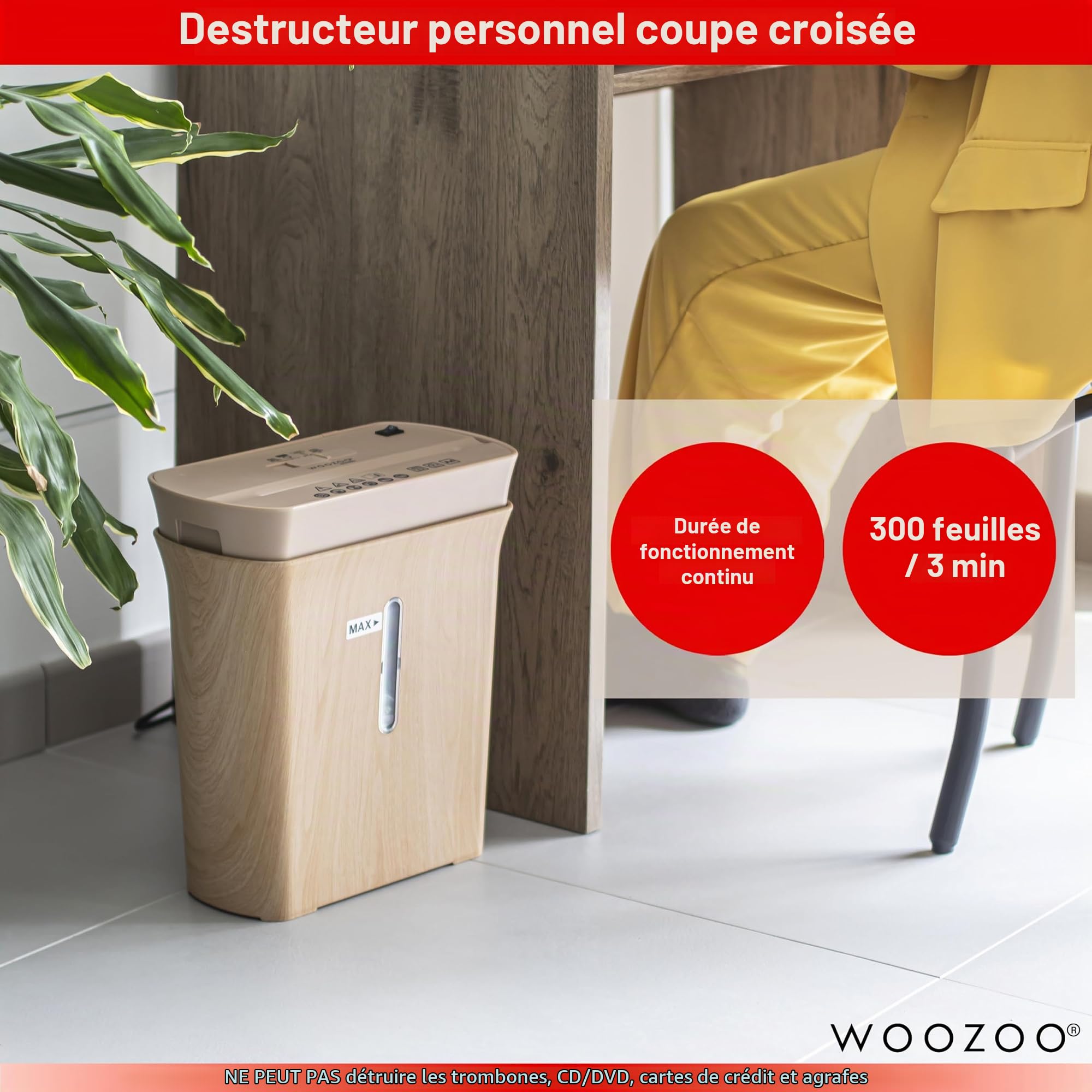 Iris Ohyama, Woozoo Destructeur de Documents/broyeur Papier, 8 Feuilles, Technologie de Coupe croisée, Corbeille 8.9L, Papier A4 - Personal Shredder Cross Cut P8GCD - Couleur Bois