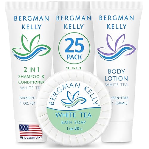 BERGMAN KELLY Barras de jabón redondas, champú y acondicionador 2 en 1 y loción de tamaño de viaje Juego de 3 piezas (té blanco, 1 oz ea, 75