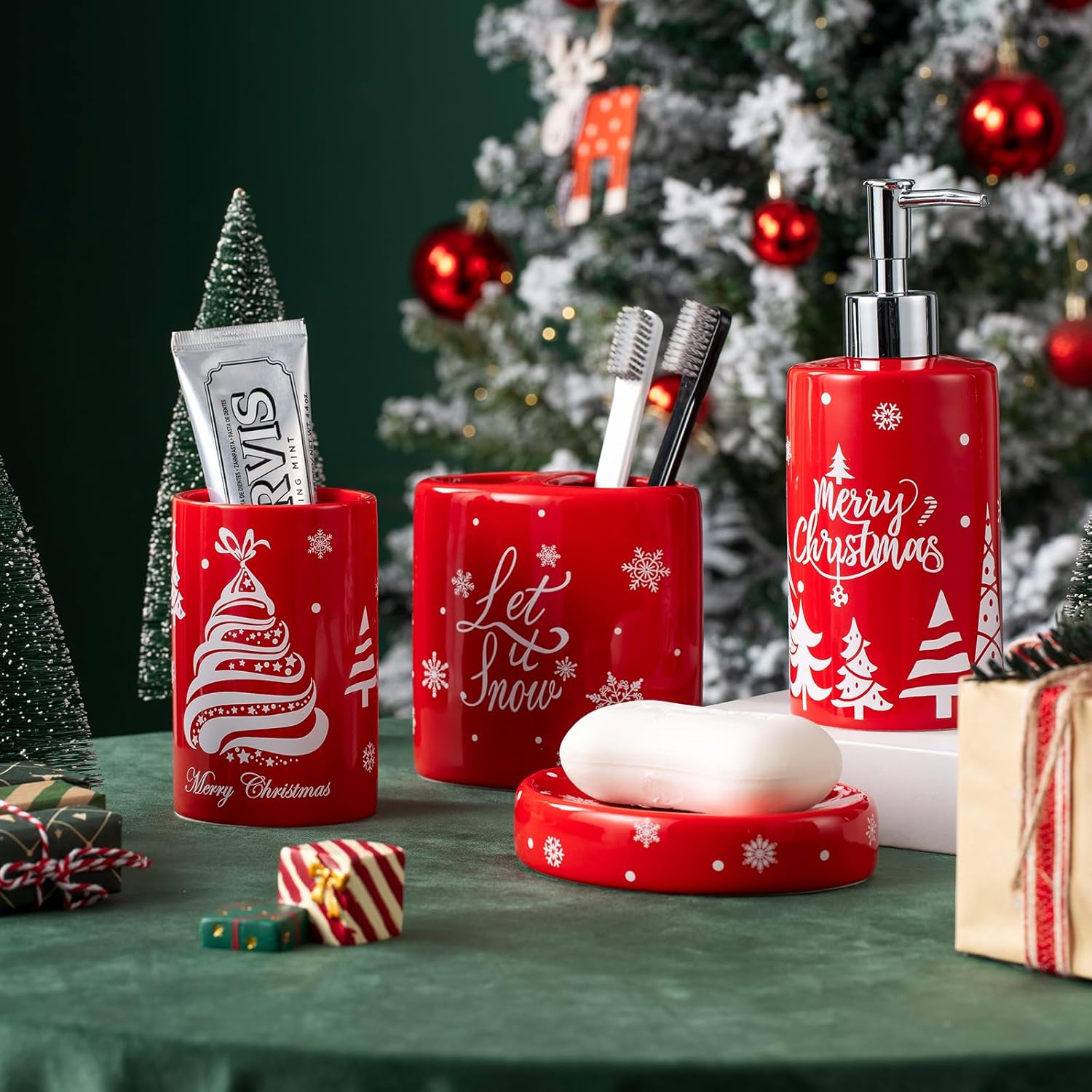 Christmas Bathroom Accessories Set, 7-Piece Ceramic Bathroom Accessory Set Include Lotion Dispenser, Toothbrush Holder Tumbler, and Soap Dish