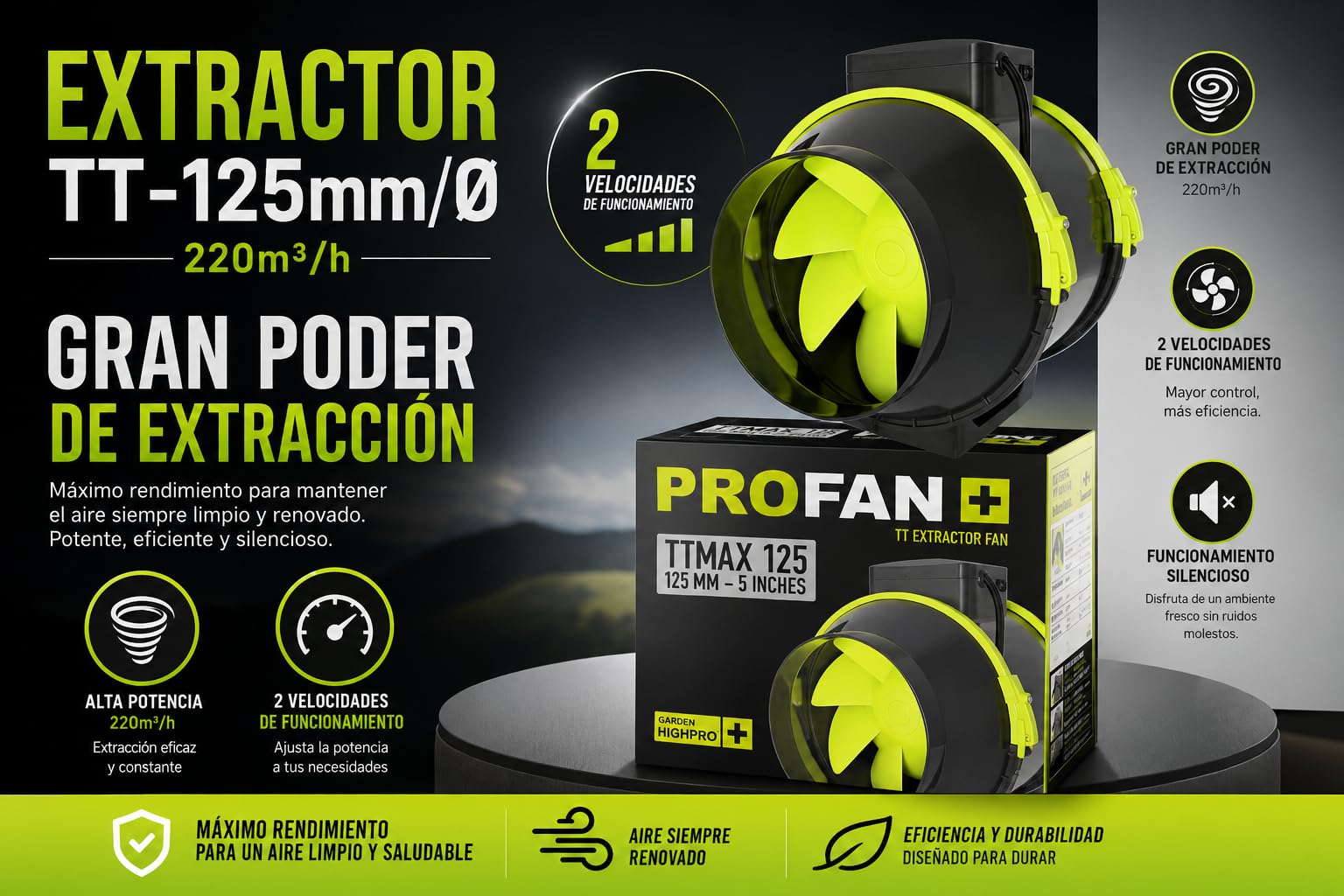 Kit de extracción Garden Pro. Motor eficiente de bajo Nivel sonoro con Filtro eficaz. Compuesto por TT125ø 250m3/h + Proactiv 125ø 280m3/h + Poleas 2 und Lightanger 5kg