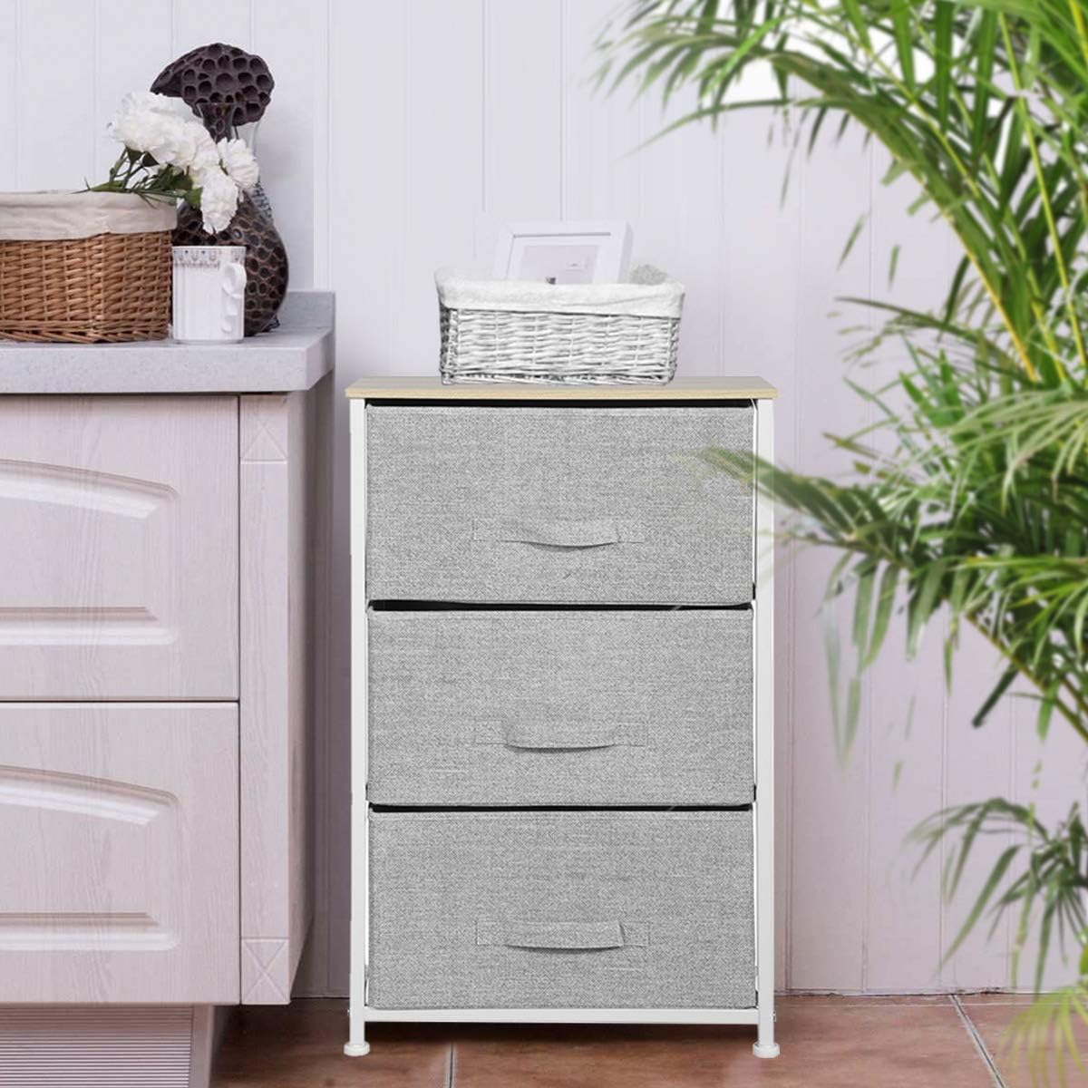 Grey Unit Storage Cabinet with Drawers Tower Chest of Drawers Tallboy Living Room Wardrobe Storage Cabinet Organizer Drawer for Hallway Small Non-Woven Fabric Metal Frame (3 Drawers:45*30*72.5)