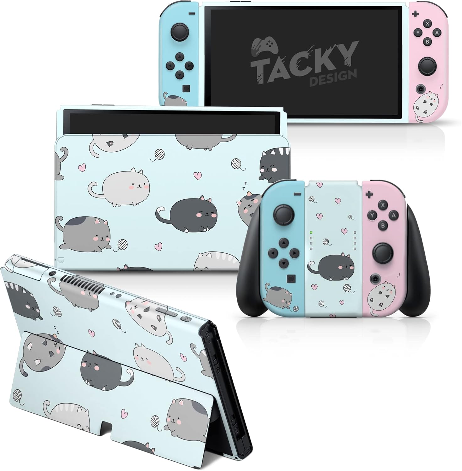 Tacky Design Chubby Cats Skin Compatible with Nintendo Switch OLED Wrap Cover, Cute Kawaii Skin for Nintendo Switch OLED Stickers, Premium Vinyl 3M Full Wrap Decal