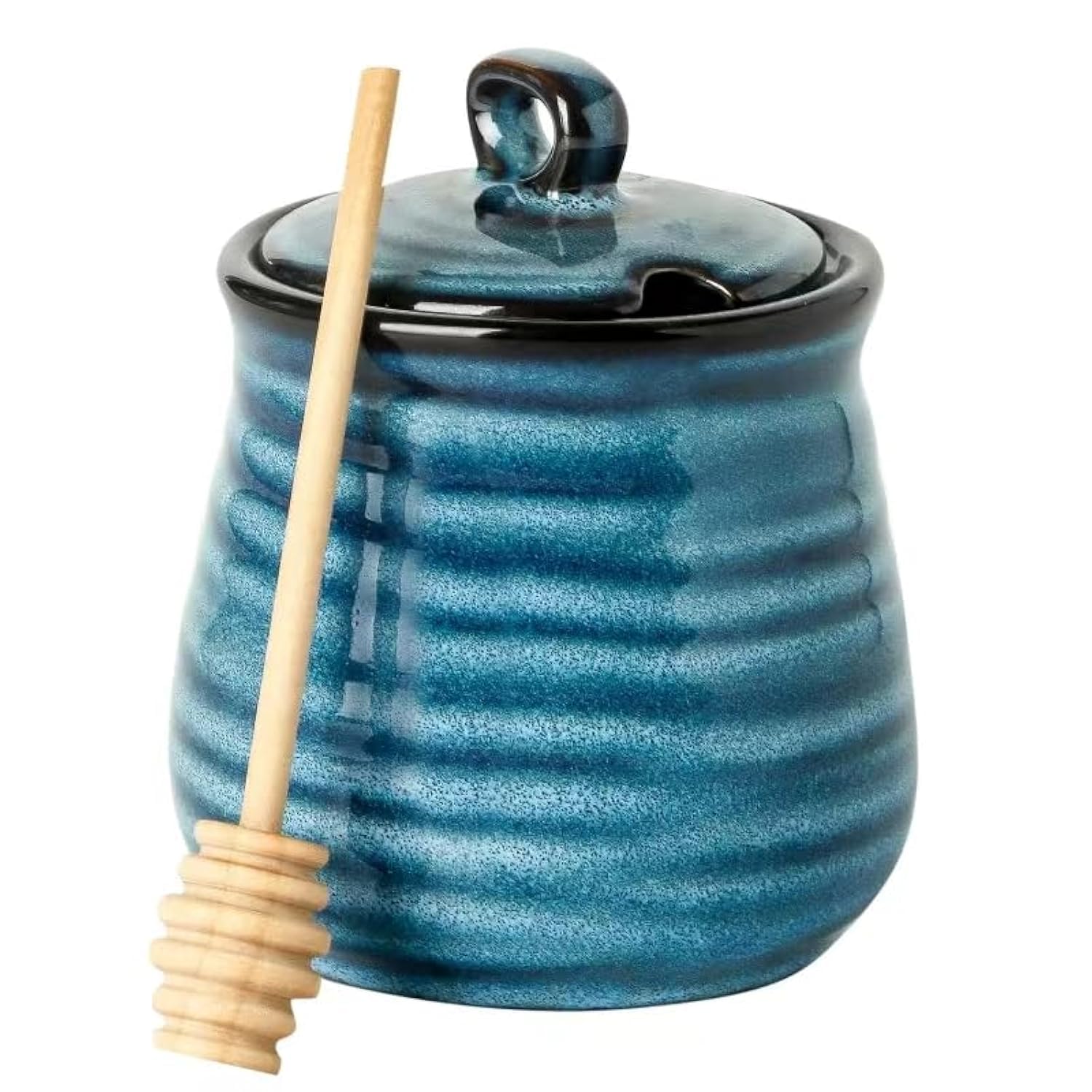Ceramic Honey Jar With Wooden Dipper Glowworm 12oz - Farmhouse Style Kitchen Container Honey Dispenser