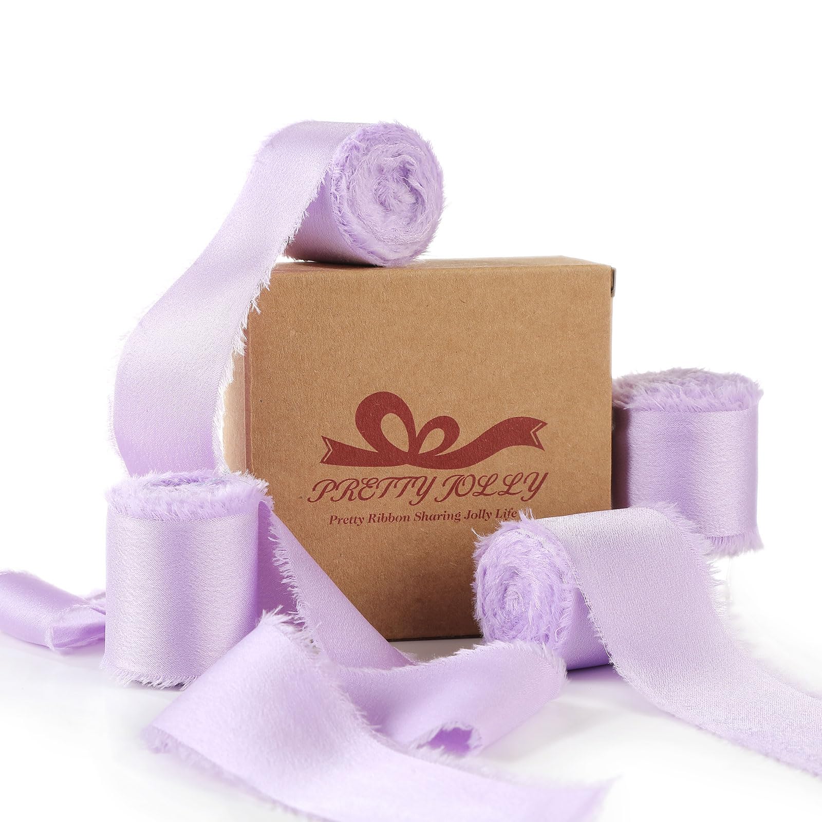 Pretty Jolly Light Purple Silk Satin Ribbon for Flower Bouquet 4 Rolls 1 Inch x 5Yd Handmade Frayed Fabric Ribbons for Gift Wrapping,Crafts,Baby Shower,Wedding Invitations,Hair Bows and Holiday Decor