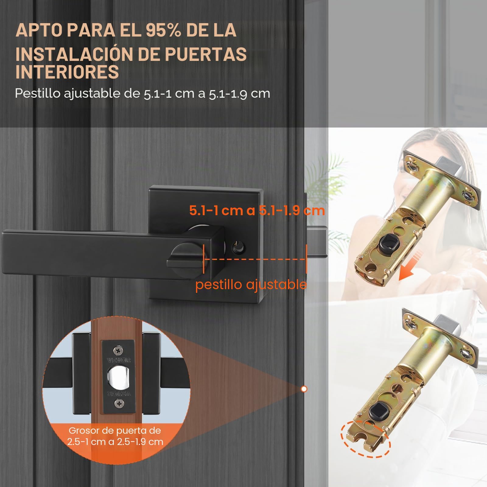 VEVOR 5 PCS Manija de Puerta de Privacidad, Manija Reversible para Zurdos o Diestros con Cerradura sin Llave, Rotación de 45° para Abrir, Interior Cuadrado Universal para Puertas de Baño, Negra Mate