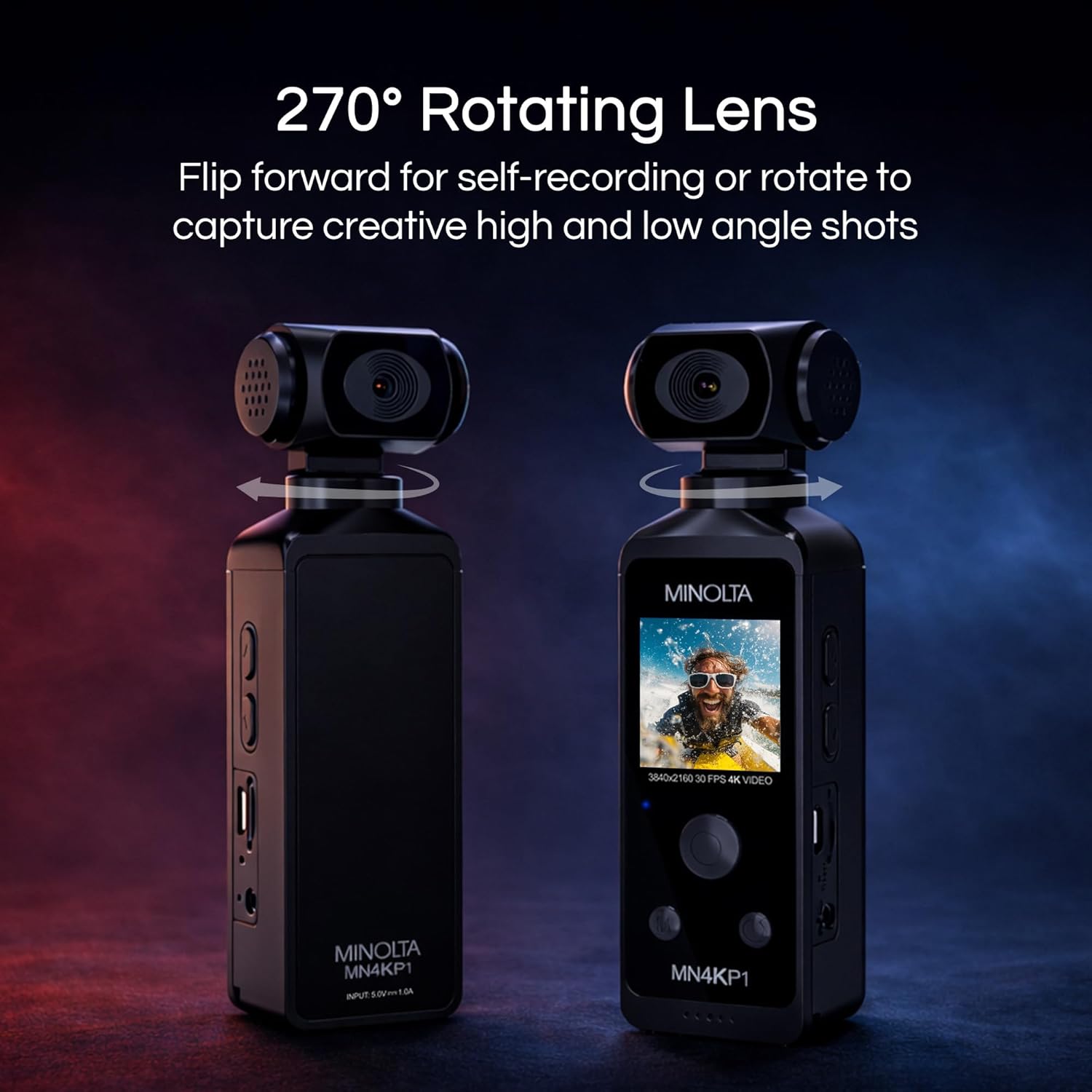 Minolta 4K Ultra HD Pocket Camcorder – WiFi Enabled Action Camera with 16MP Photos, 170° Wide Angle Lens, 270° Rotating Head, Slow Motion, 1.3-inch Display - 16GB Card & Waterproof Case (Black)