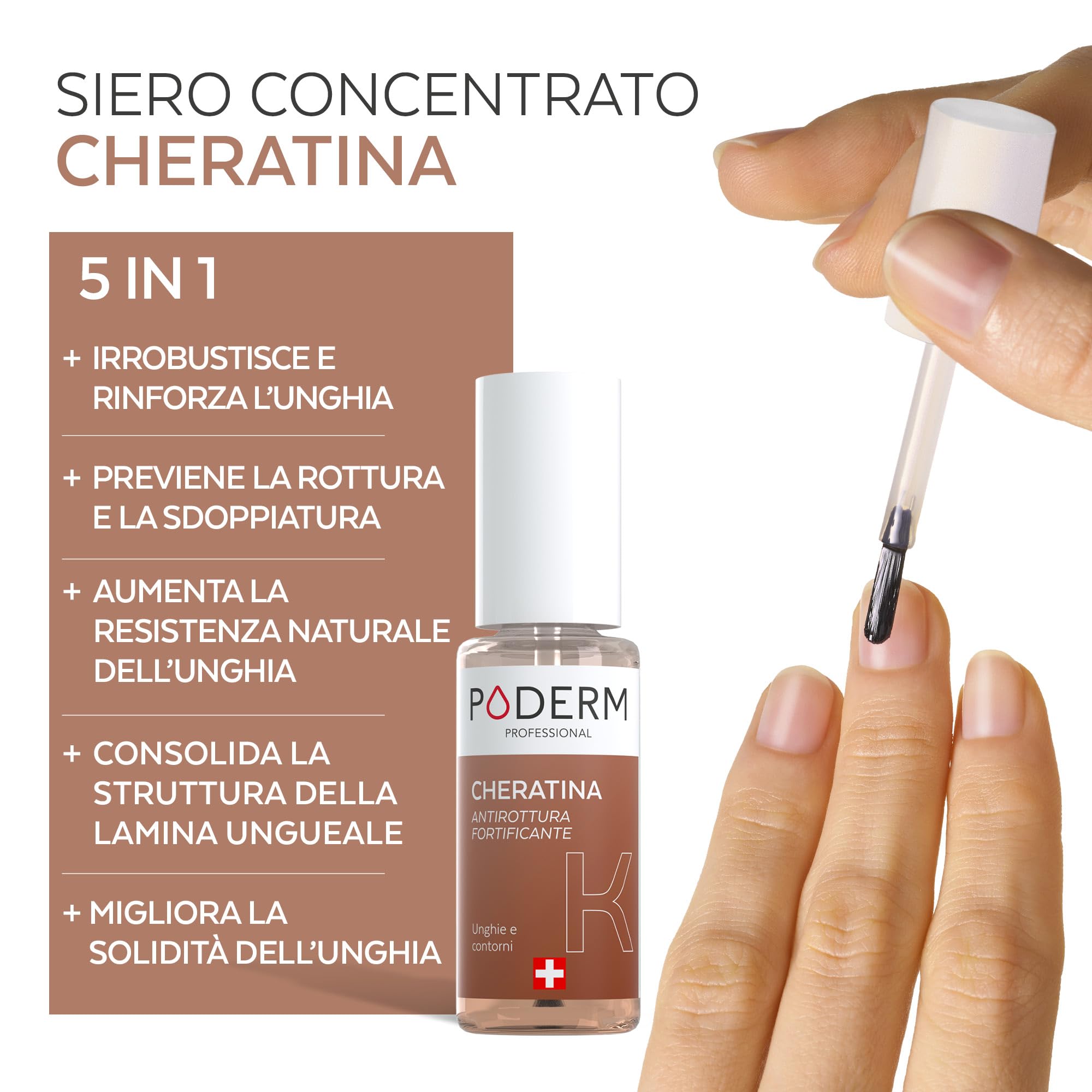 Poderm 5 in 1 Siero Booster Unghie - Cheratina | Trattamento Preventivo Anti-Rottura & Indurente per Rafforzare la Unghie Fragili - 6 ML | 100% Naturale - Sviluppato da un Podologo in Svizzera