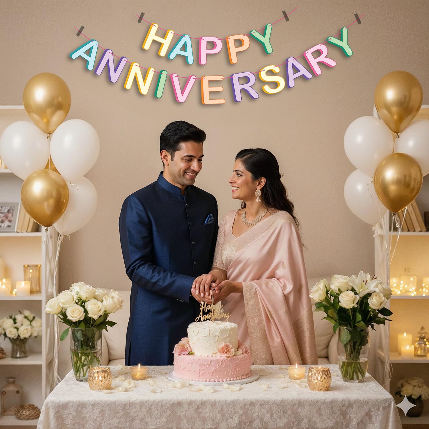 Party Propz Multicolour Pastel Happy Anniversary Banner - 2 Pcs Wedding Anniversary Decoration Kit Banner with Ribbon, 1st 10th 25th & 50th Wedding Party Decoration Items (Cardstock) 2