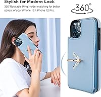 Vista 3 de Folosu Funda compatible con iPhone 12/12 Pro con soporte para tarjetas, rotación de 360°, soporte de anillo de dedo con función atril, protección