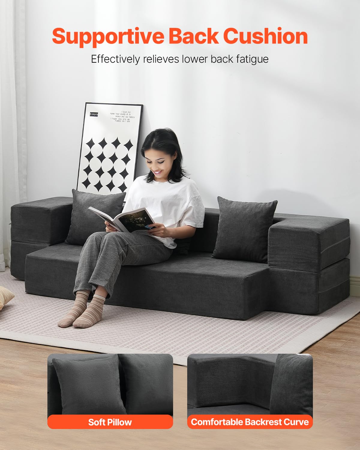 VEVOR Canapé-lit pliant 3 en 1, fauteuil-lit convertible pliable avec 3 oreillers et housse lavable, canapé-lit futon en mousse à mémoire de forme, pour salon, chambre, gris foncé, 103 x 193 cm (Twin)