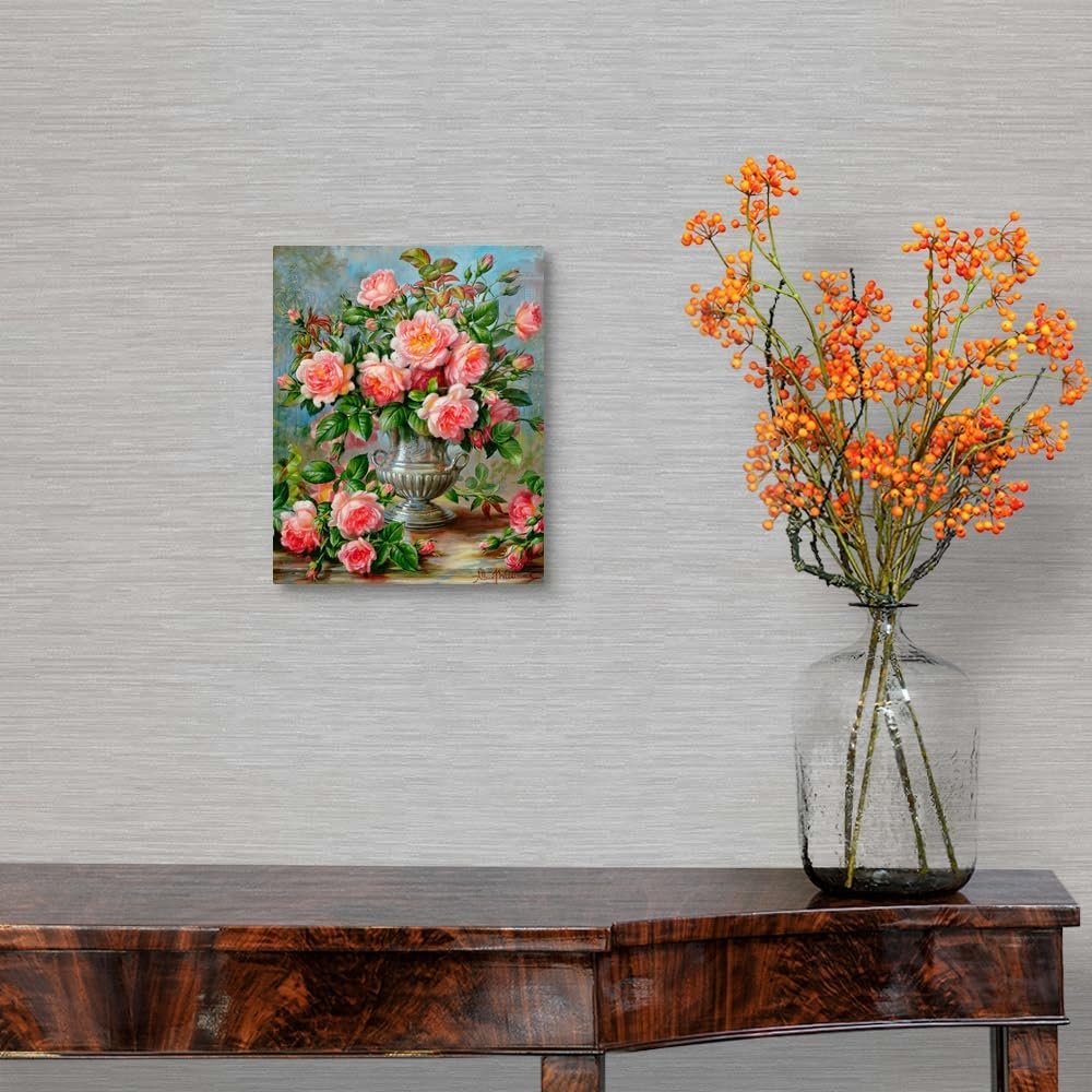 CANVAS ON DEMAND English Elegance Roses in a Silver Vase Canvas Wall Art Print by Albert Williams, Traditional, Home Decor, Floral, Flowers, Artwork,11" x14in