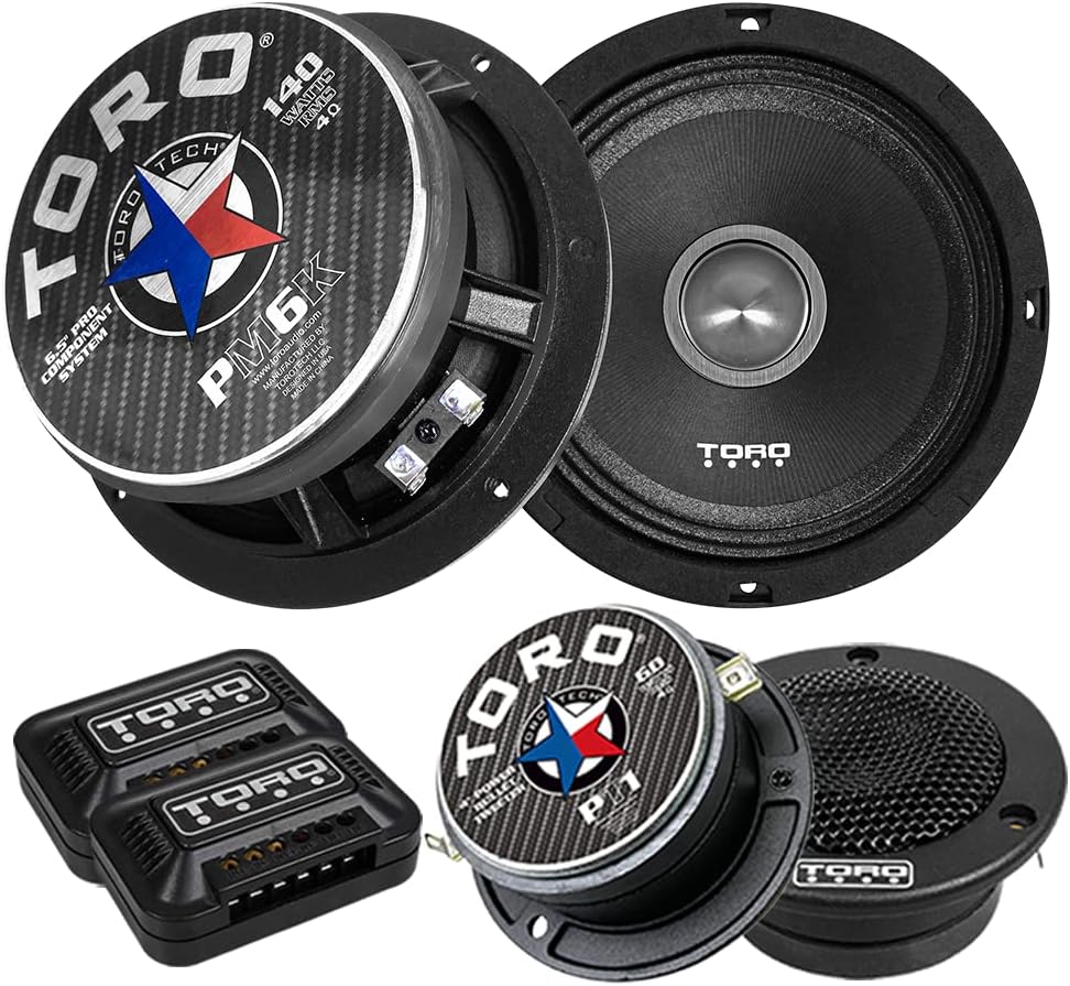 TORO TECH – PM6K, 6.5 Inch 2-Way Component Kit Pro Audio Shallow Mount Speakers - 340 Watts RMS Power / 140 Watts Music Program, 25mm Aluminum Tweeters, 4 Ohm, 1.5" Voice Coil (Pair)