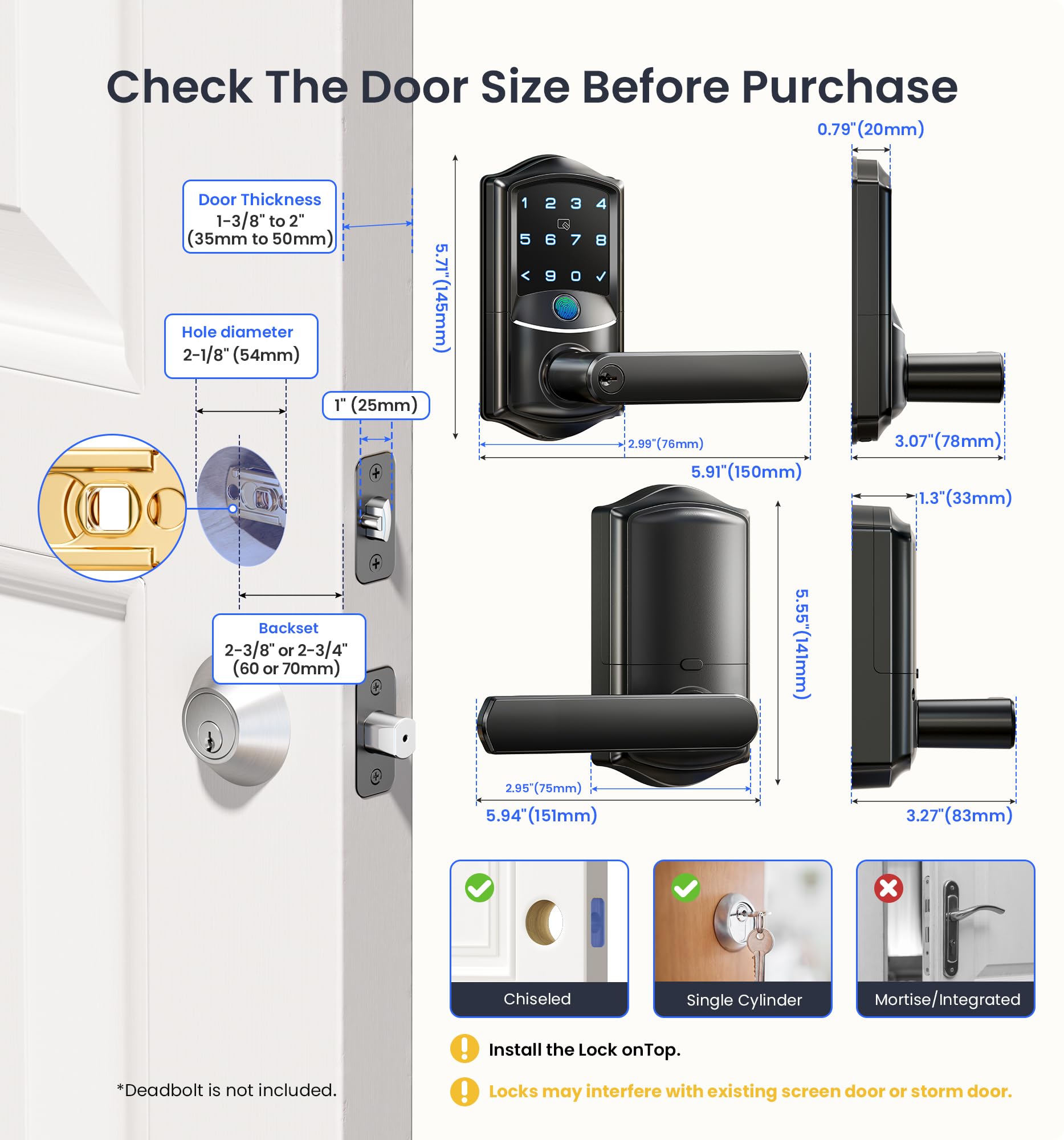 Veise VE029 WiFi Smart Lever Lock, Fingerprint Keyless Entry Door Lock with Handle, Built-in WiFi, Remote App Control, Electronic Digital Knob for Front Door and Bedroom, IP65 Waterproof, Matte Black