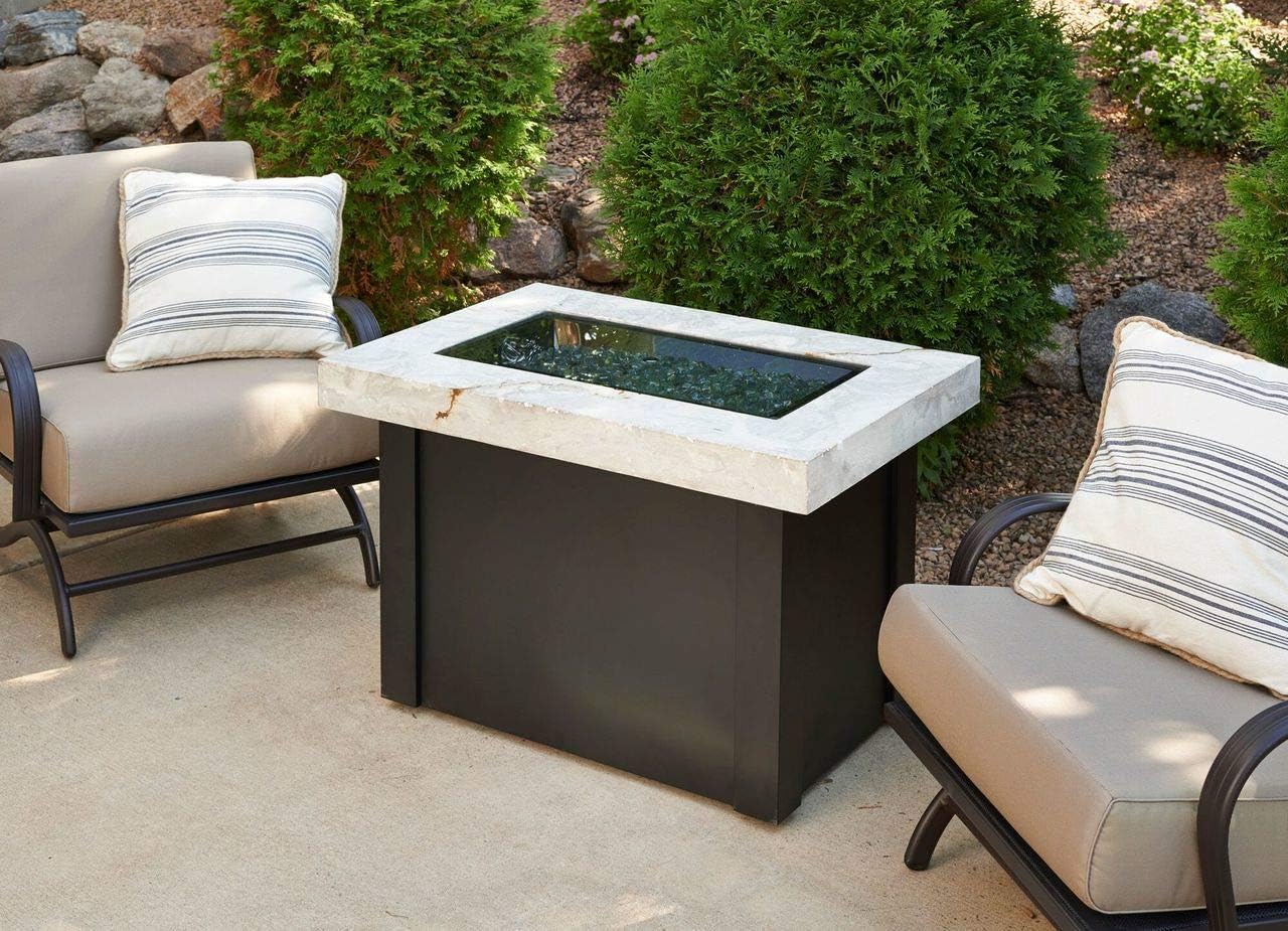 Outdoor Great Room Providence Crystal Fire Pit Table with White Onyx Marbelized Top and Black Metal Base