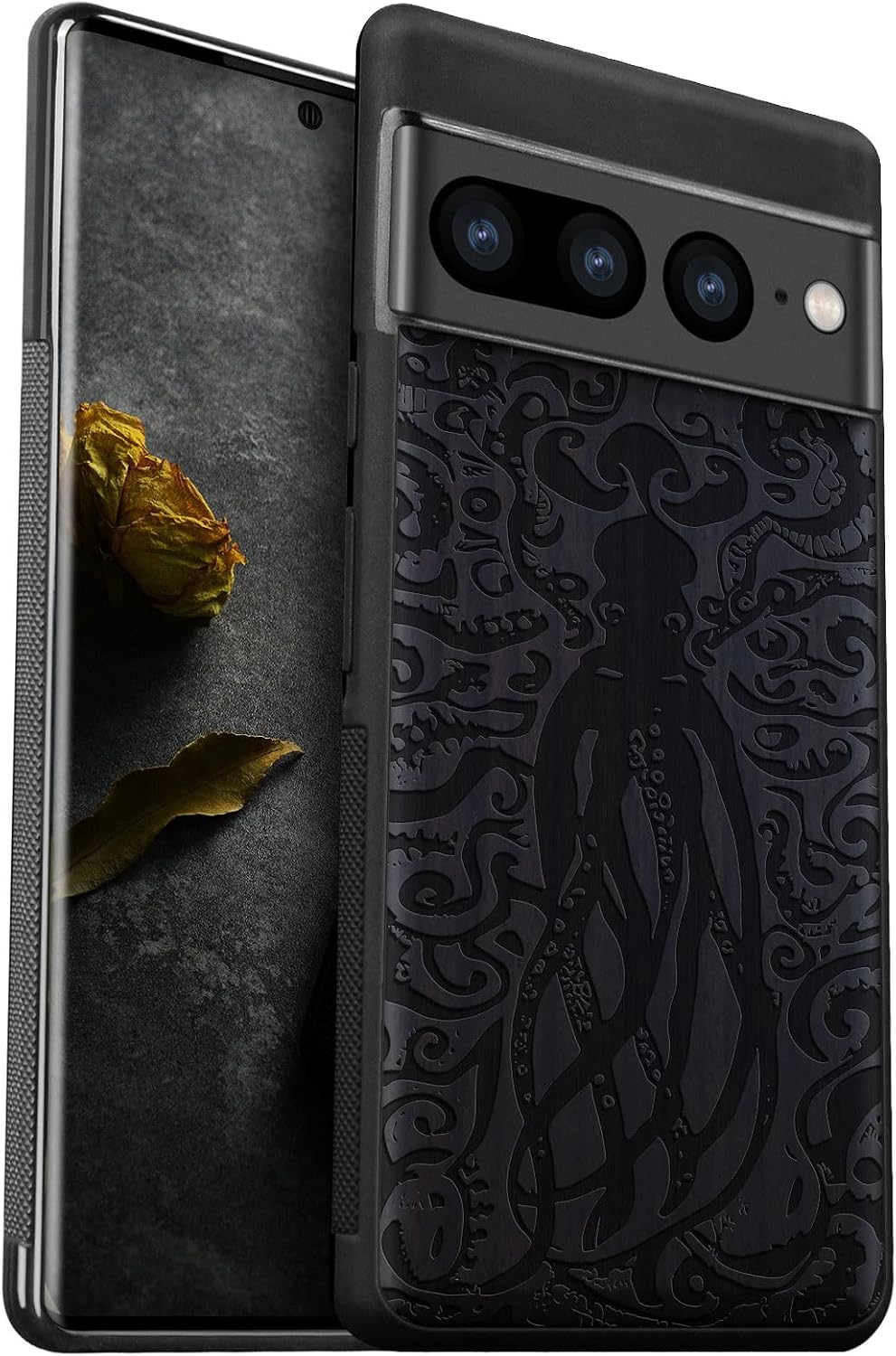 Carveit Wood Case for Pixel 7 Pro Case [Natural Wood & Black Soft TPU] Shockproof Protective Unique Wooden Cover Compatible with Google Pixel 7 Pro (The Zentangle Sapling-Rosy)