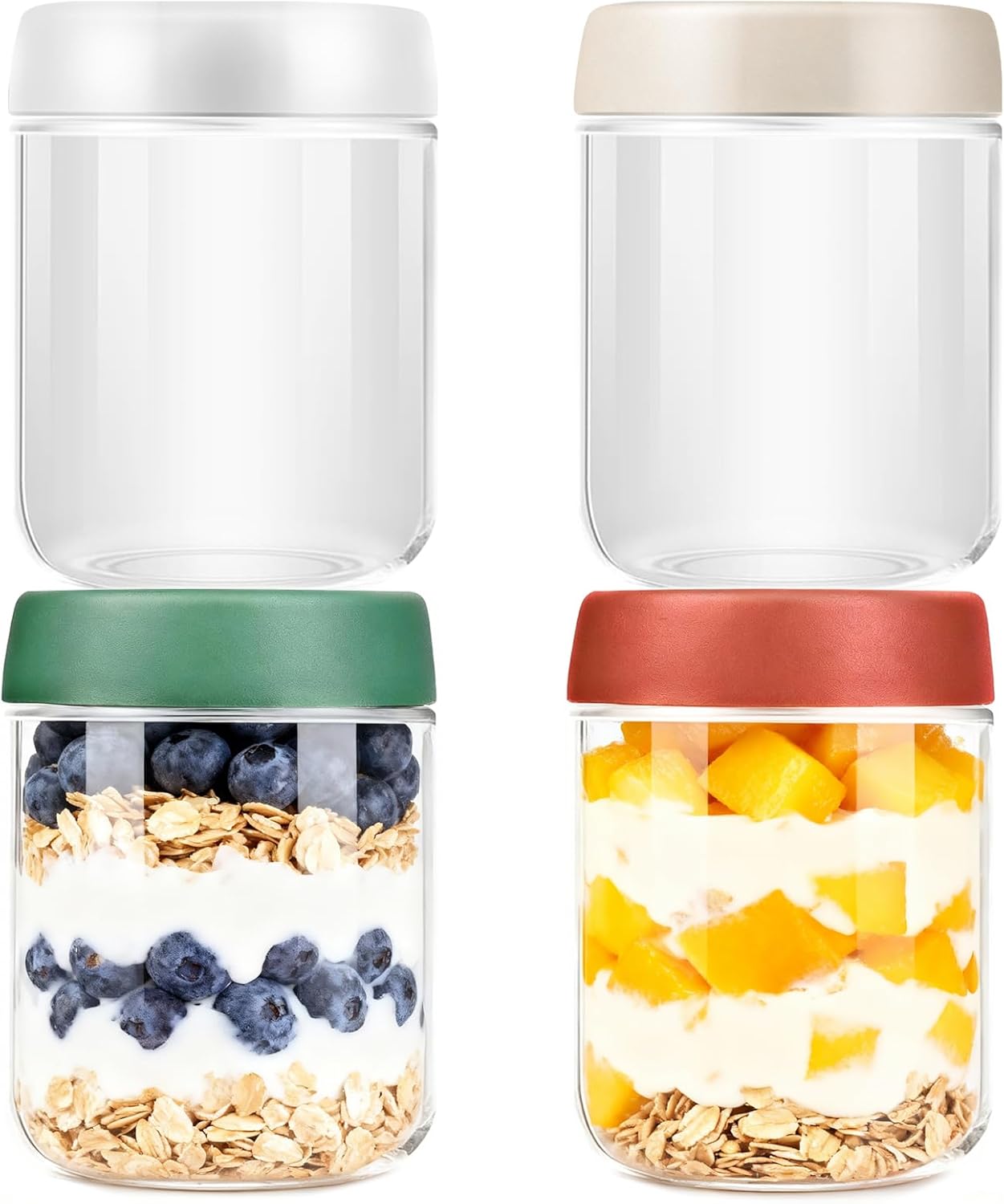 Overnight Oats Jar,4 Pack 16OZ Overnight Oats Containers with Lids,Reusable Wide Mouth Mason Jars Glass Jar for Fruit, Yogurt, Snacks,Salad Dressing, Pasta,Sugar -Leak Proof (500 ml)