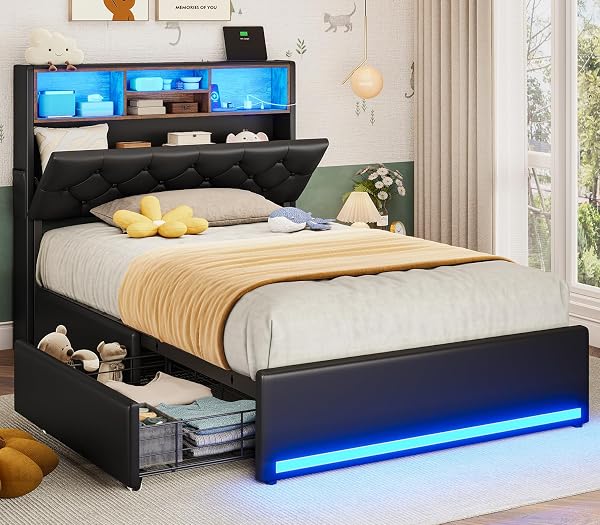 BTHFST Bed Frame With Hidden Storage Headboard & 4 Drawers, LED Charging Station, Upholstered Metal, No Box Spring Neede