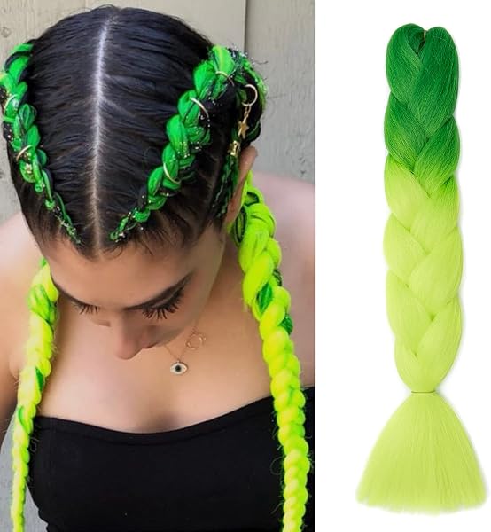 Gairyan Extensiones de Pelo Trenzas Africanas 1 Paquete 24" Pelo Sintetico Para Trenzas Natural Crochet Braiding Hair (Verde Oscuro-Verde Amarillo) - 1