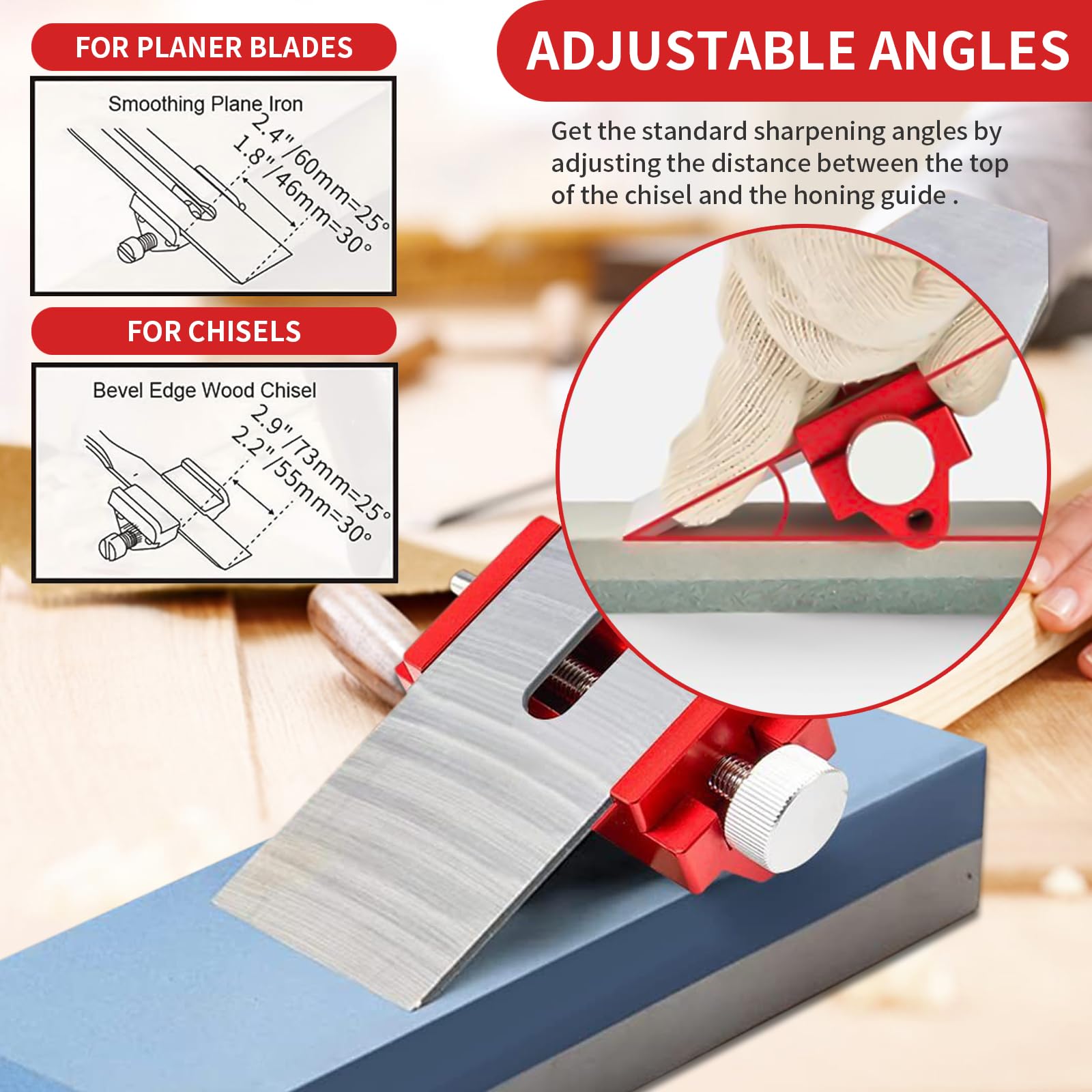 Saker Slijphulp, steekbeitel, honing gids, slijphulp voor houtgereedschap slijpen op wetsteen, geschikt voor houtbeitel en schaaf 0-6,47 cm, rood, 1 stuk