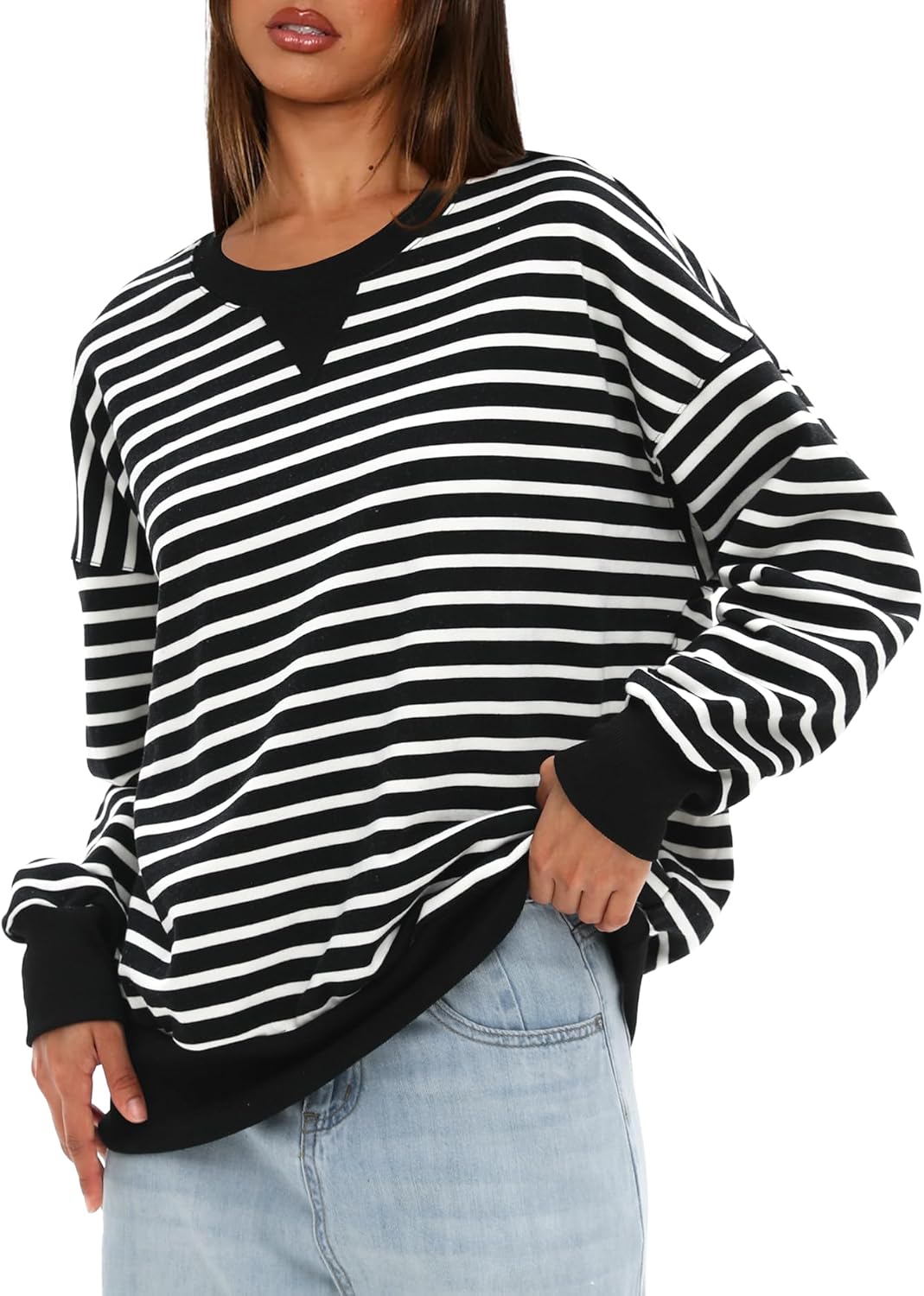Darong Women Oversized Striped Color Block Long Sleeve Crew Neck Sweatshirt Casual Cotton Pullover Sweatshirts Fall Cloth