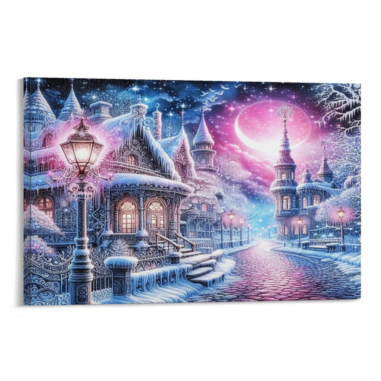 CPLVKWRQJ Snowy Fantasy Castle Street Individual Magical Icy Castle Pink Moon Snowy Lane Wall Art Decor - Kitchen Canvas Wall Decor Removable Multi-Purpose Focal Point 12x18inch(30x45cm)