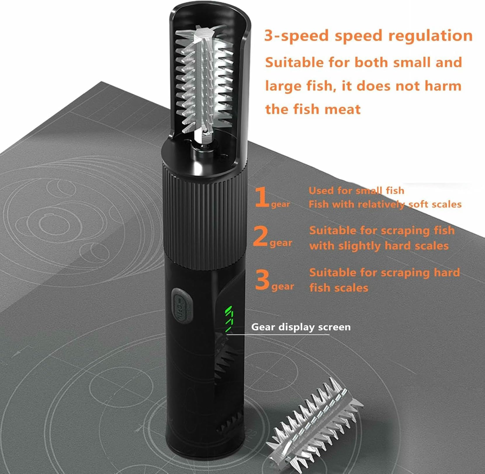 Descaler di Pesce Elettrico a cordone - Batteria da 6000 mAh, Display LCD Regolabile a 3 Marce, rimozione Potente e Facile su Scala per cuochi e Chef a casa