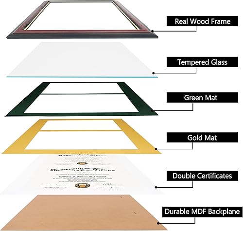 Miniatura 5 de GraduationMall Marco de diploma doble de 8.5 x 11 pulgadas, madera maciza y acrílico con protección UV, acabado cereza con borde dorado, verde