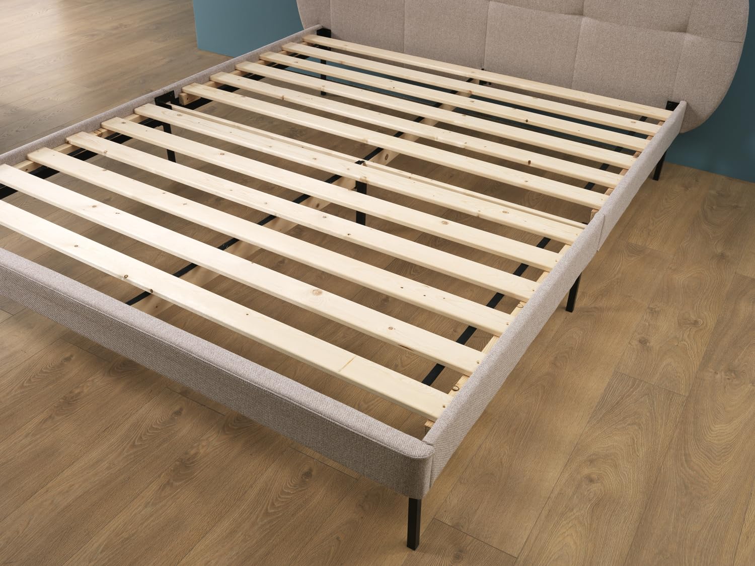 EVERGREENWEB Letto Singolo in doghe in legno con Testata e rivestimento in tessuto Beige | facile da montare |Adatto per materasso cm 90x200 | Letto di Design |Mod. Parigi