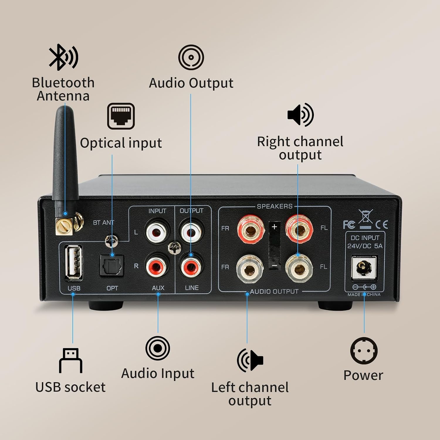 Amplificador HiFi 2000W, Bluetooth 5.3 con chip AK-3116 Audio estéreo de 2.0 canales, 100W x 2 potencia máxima Opt/AUX/USB para Cine en casa Coche