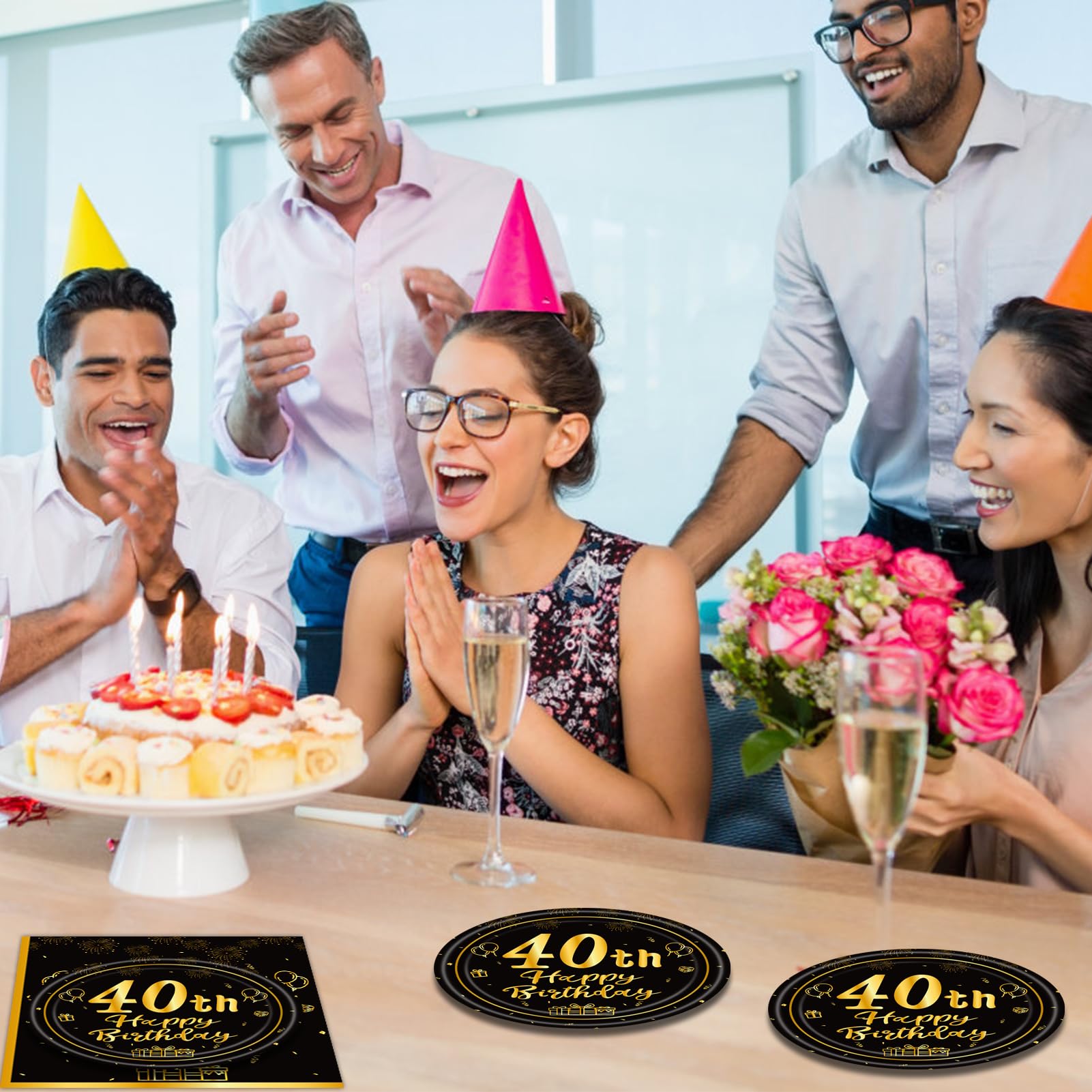 Set 40 Pezzi Per Festa Di Compleanno 40 Anni Vintage: Piatti E Tovaglioli In Carta, Nero E Oro, Per Uomo E Donna