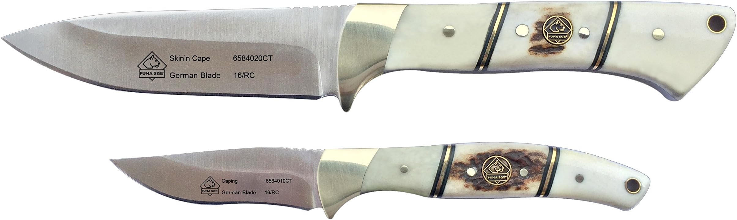 Puma SGB Skin'n Cape Combo White Smooth Bone + Stag Chip Hunting Knives with Leather Sheath & Sharpening Steel