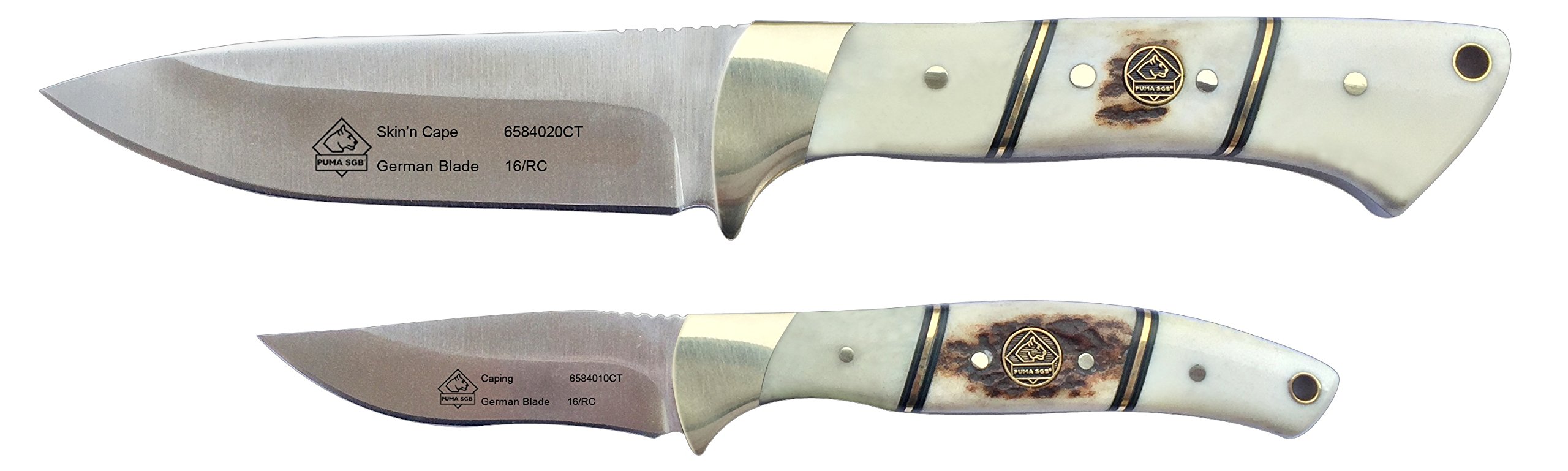 Puma SGB Skin'n Cape Combo White Smooth Bone + Stag Chip Hunting Knives with Leather Sheath & Sharpening Steel