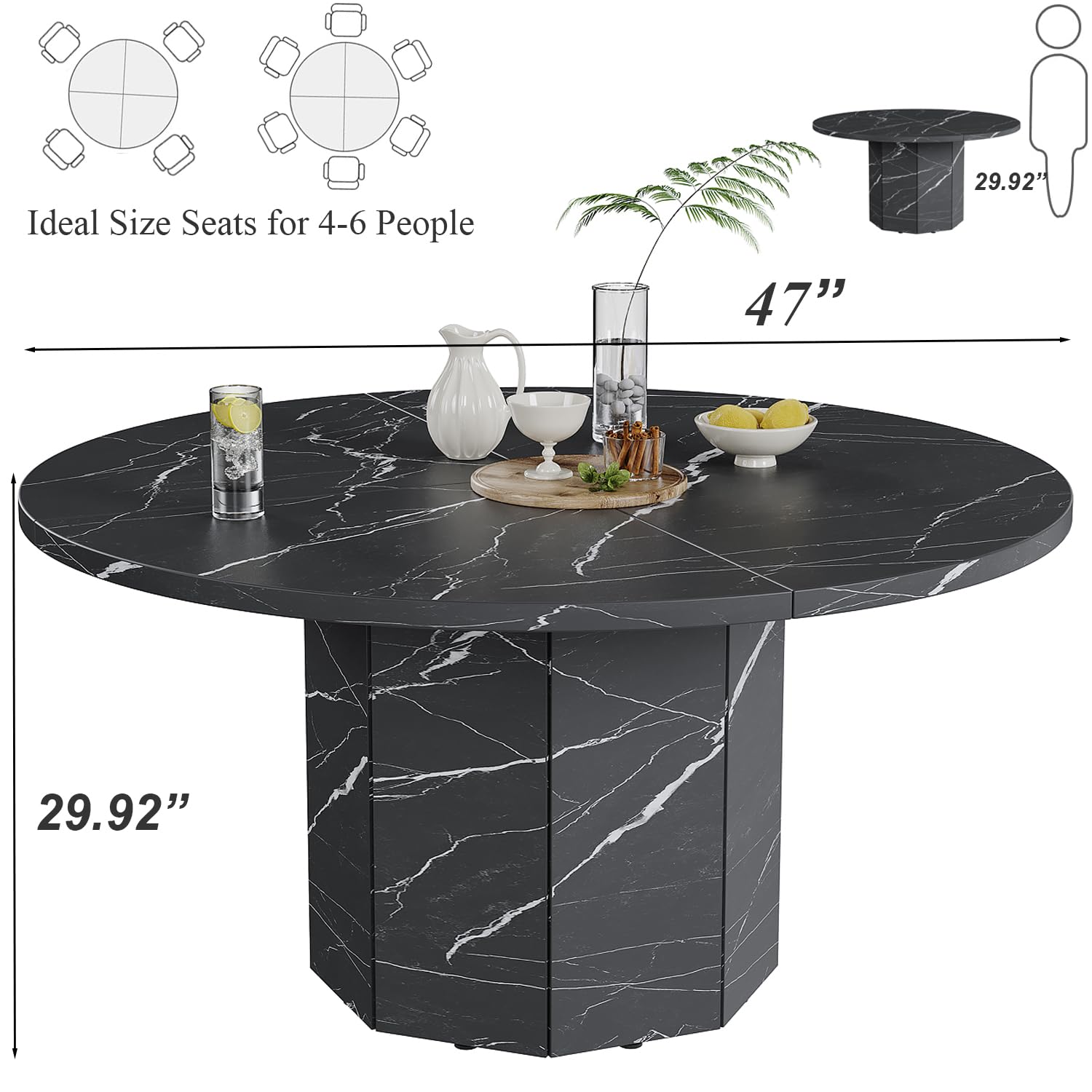 HSH Table Ronde 120cm Aspect Marbre 4 À 6 Personnes Salle À Manger Noir