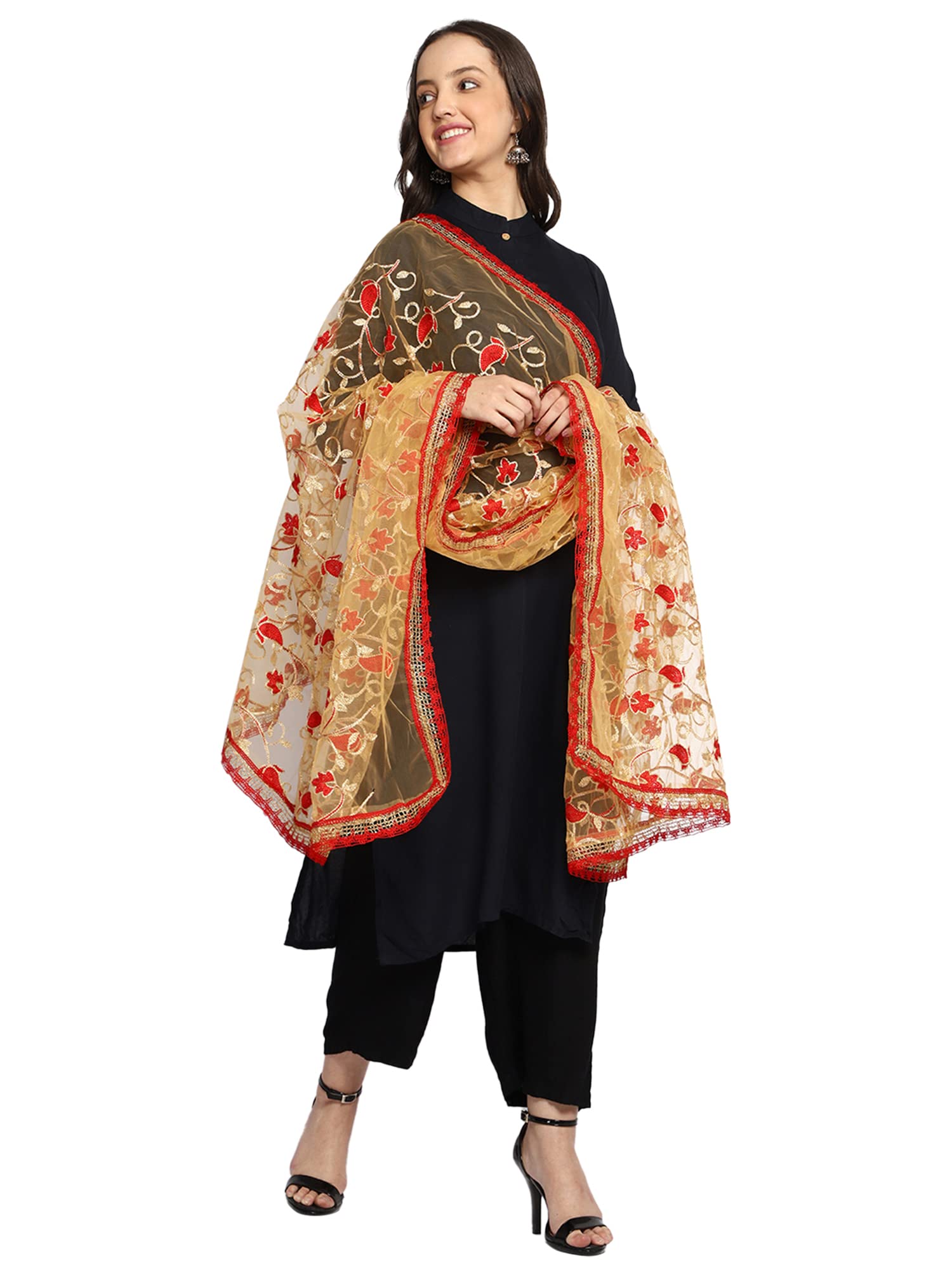 Weavers Villa Women's Net Floral Embroided Red Dupatta, Chunni, 2.25 Mtrs