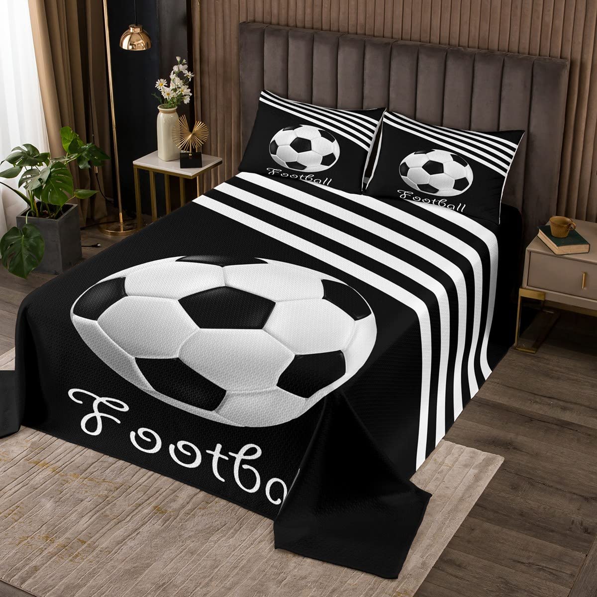 Homemissing Copriletto trapuntato con pallone da calcio, calcio, sport, a righe, per bambini, ragazzi, moderno, bianco, nero, 3 pezzi