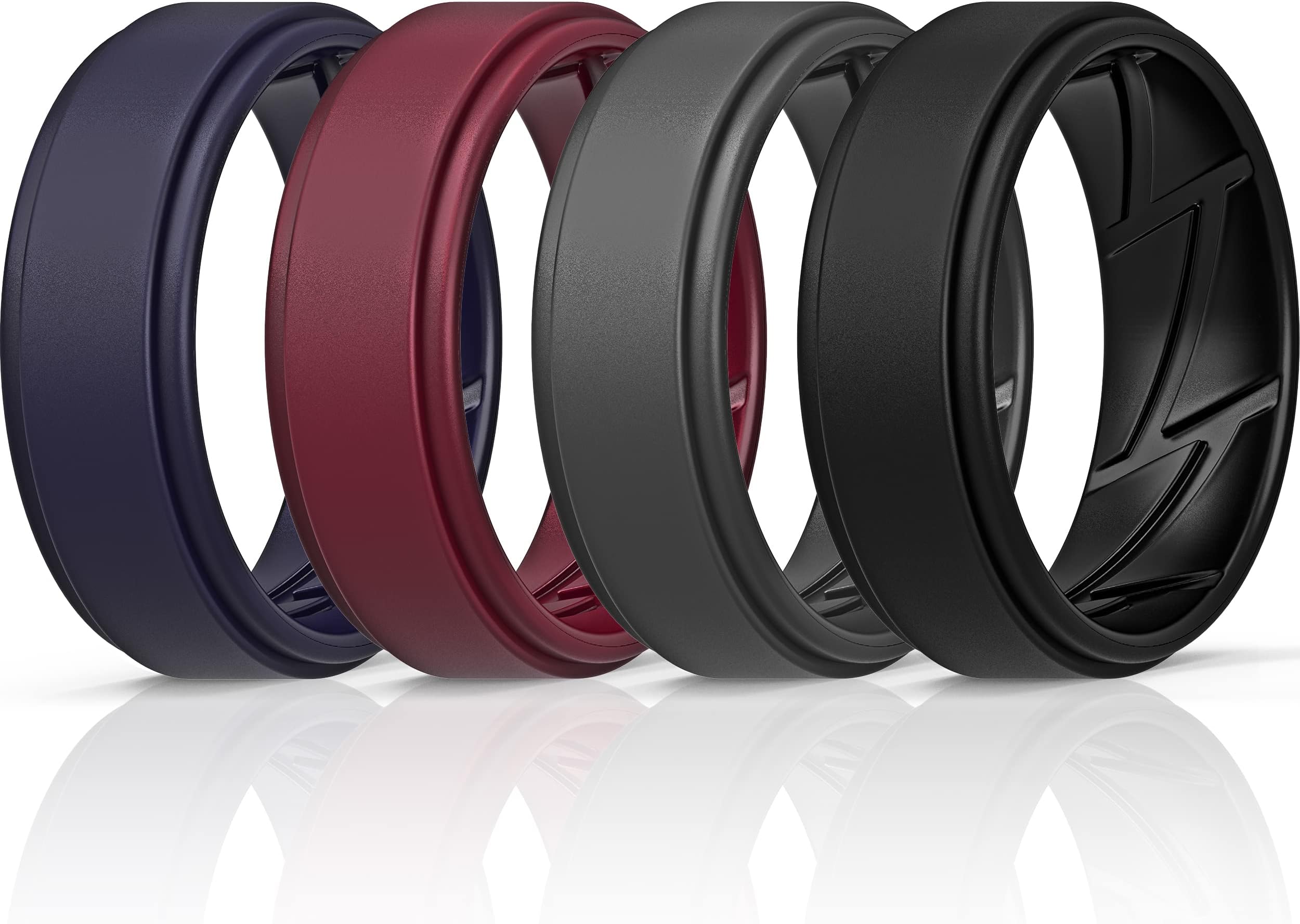 Silicone Wedding Rings for Men Breathable Airflow Inner Grooves, Step Edge Sleek Design Rubber Engagement Bands 8mm Wide 2mm Thick - 1/2/3/4/5/6/7 Variety Multipack
