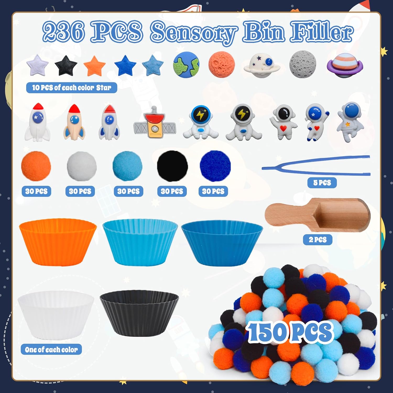 236pcs Space Sensory Bin Filler Fine Motor Toys Astronaut Spaceship Sensory Bin Items Astronauts Saturn Moon Mars Earth Rocket Planet Satellite Space Shuttle Stars for Preschool Education Activities