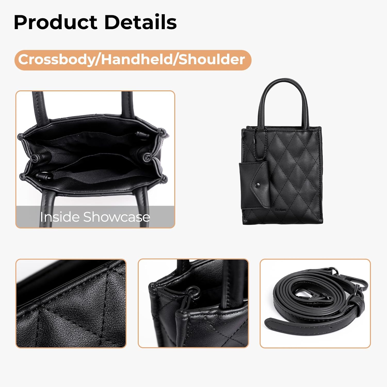 Mini Tote Bag for Women, Small Black Quilted Crossbody Purse with Removable Small Bag, Multiway Shoulder Handbag - Image 6