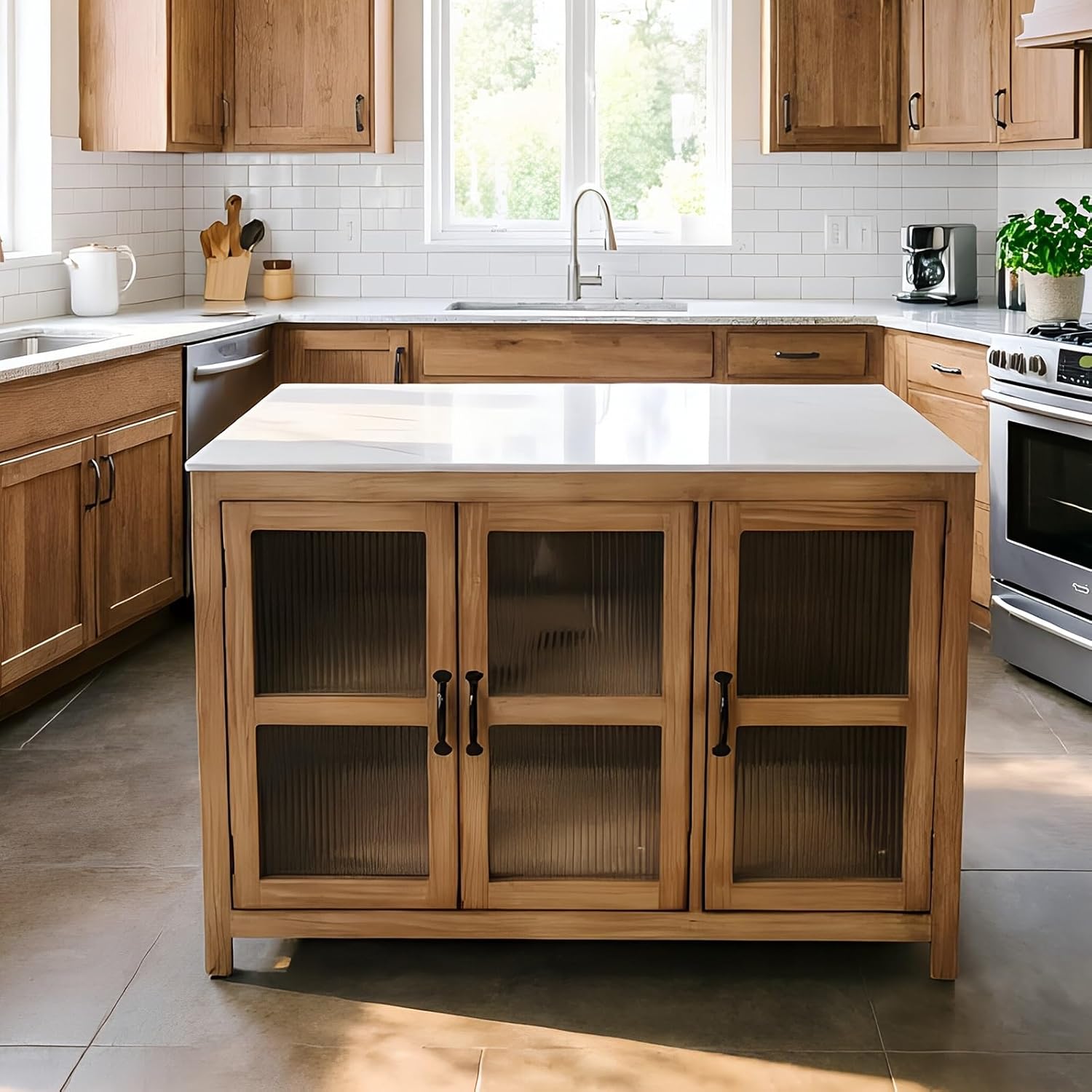 Storage Trolley Wooden Kitchen Island with Fluted Glass Doors Sintered Stone Top Buffet Sideboard Shelving Organizer
