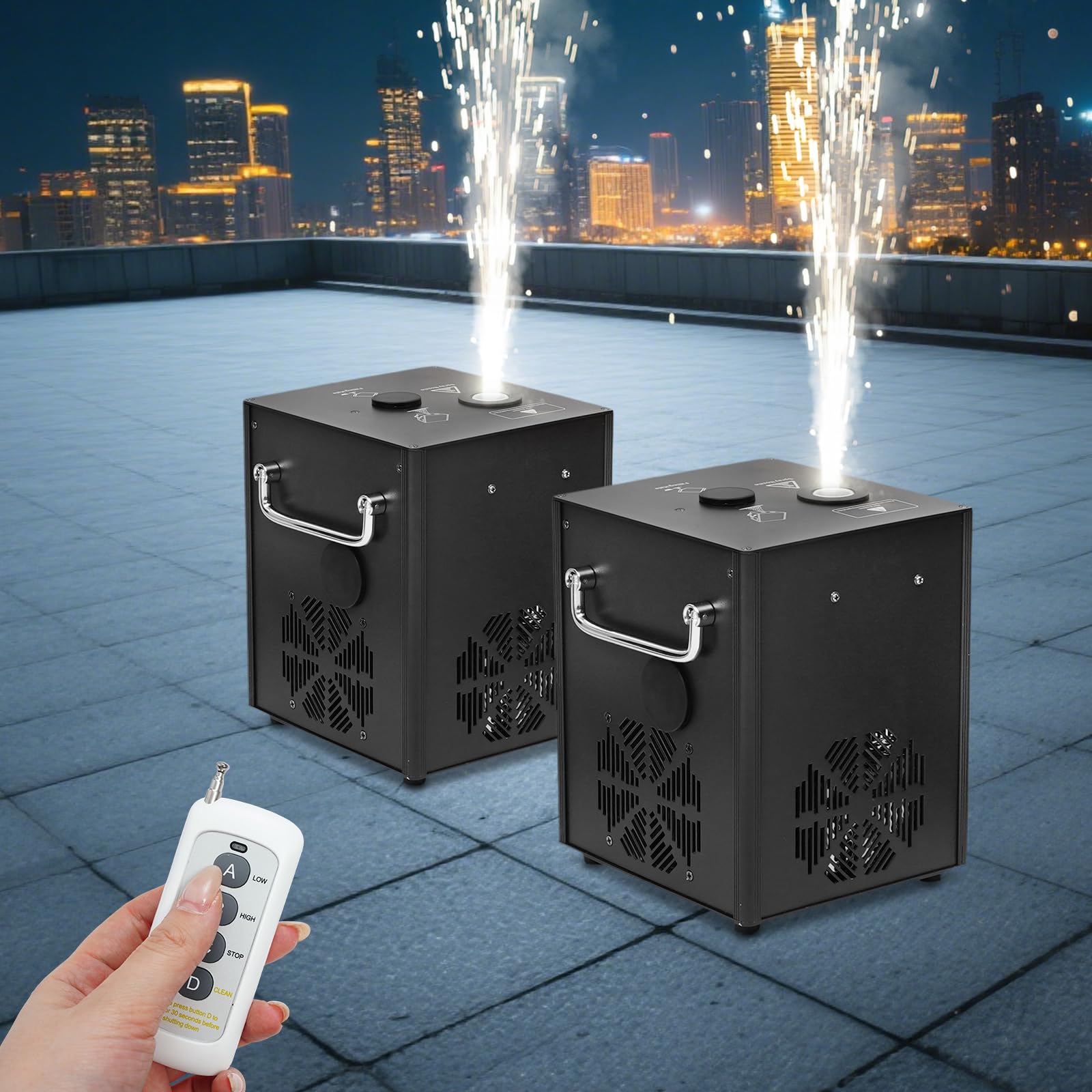 2 macchine pirotecniche con flightcase, macchina per scintille a freddo con DMX e telecomando, altezza effetto regolabile 2-3 m, effetto palcoscenico per matrimoni, spettacoli, feste, Halloween